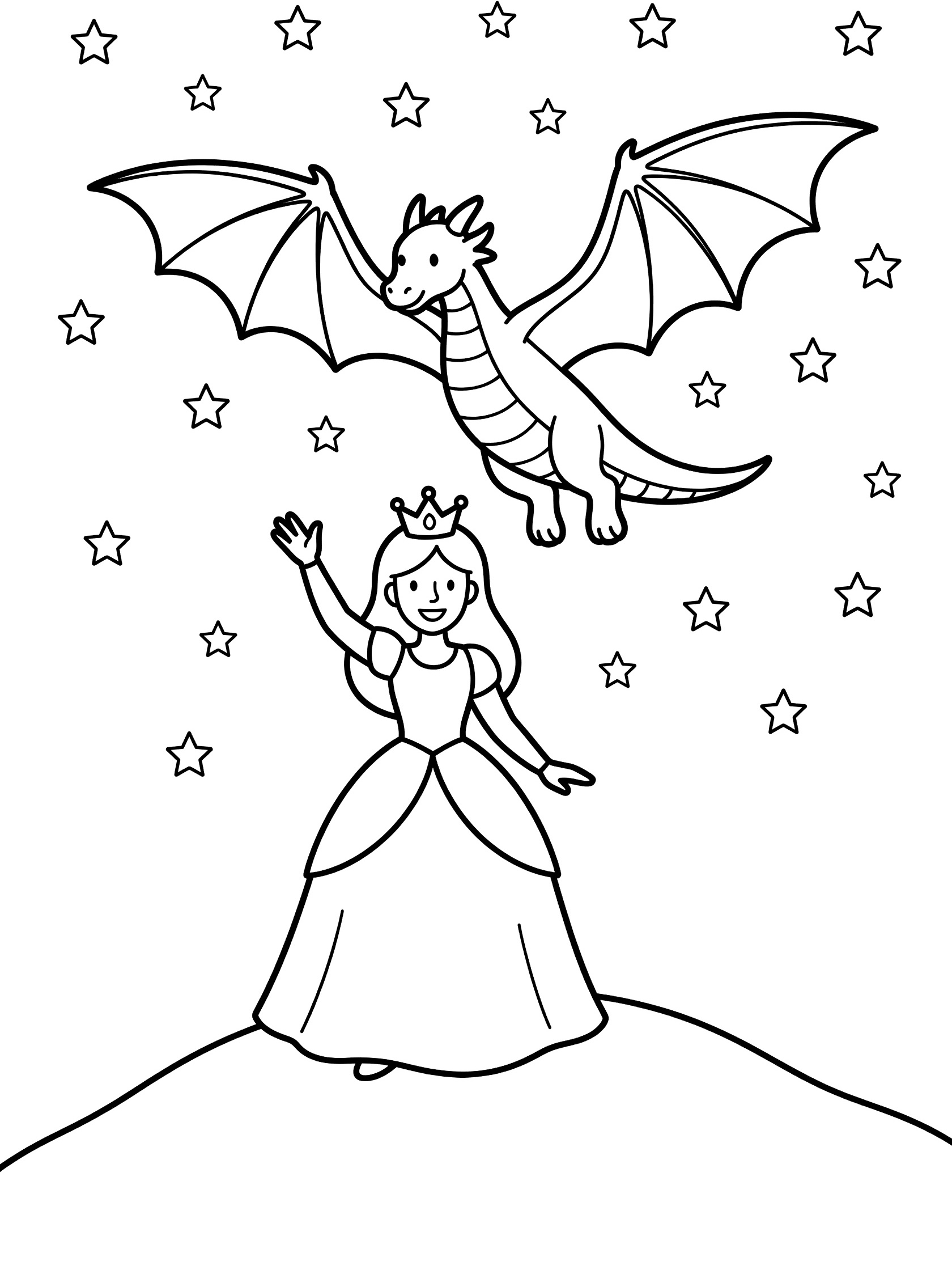 Black and white line art coloring page showing a princess with crown and long dress waving her hand on a hilltop, friendly dragon flying overhead with outstretched wings, and twinkling stars in the sky