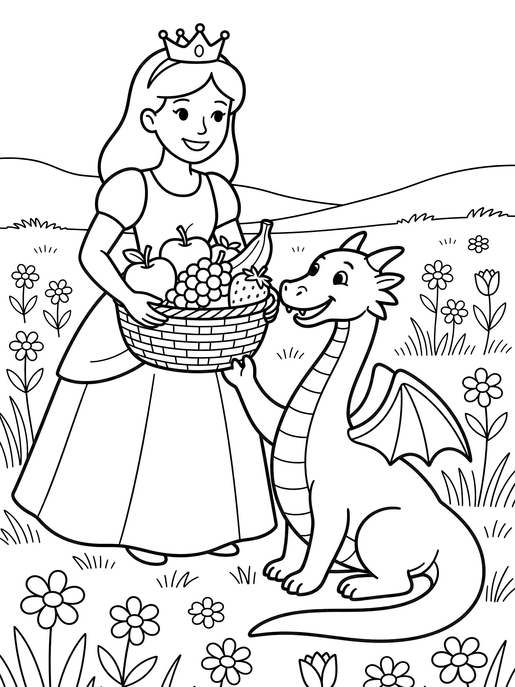 Black and white line art coloring page showing a princess in a dress and crown holding a basket of fruit toward a sitting dragon with wings in a field of flowers.