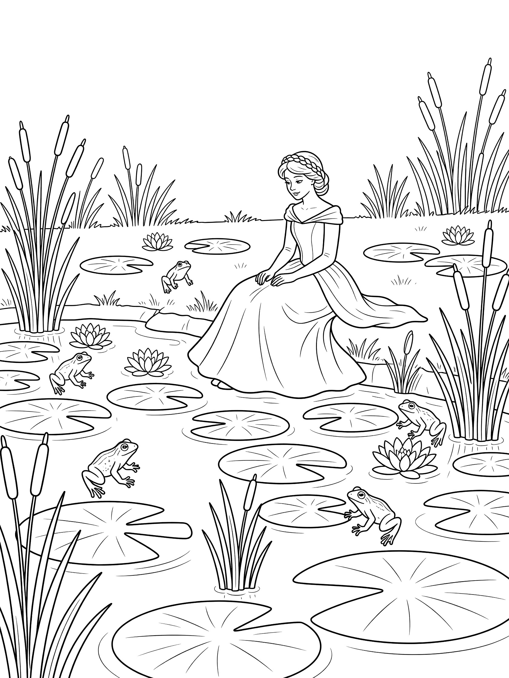 Black and white line art coloring page showing a princess in a gown sitting near a pond with large lily pads, frogs jumping on them, reeds around the water, and water lilies floating.