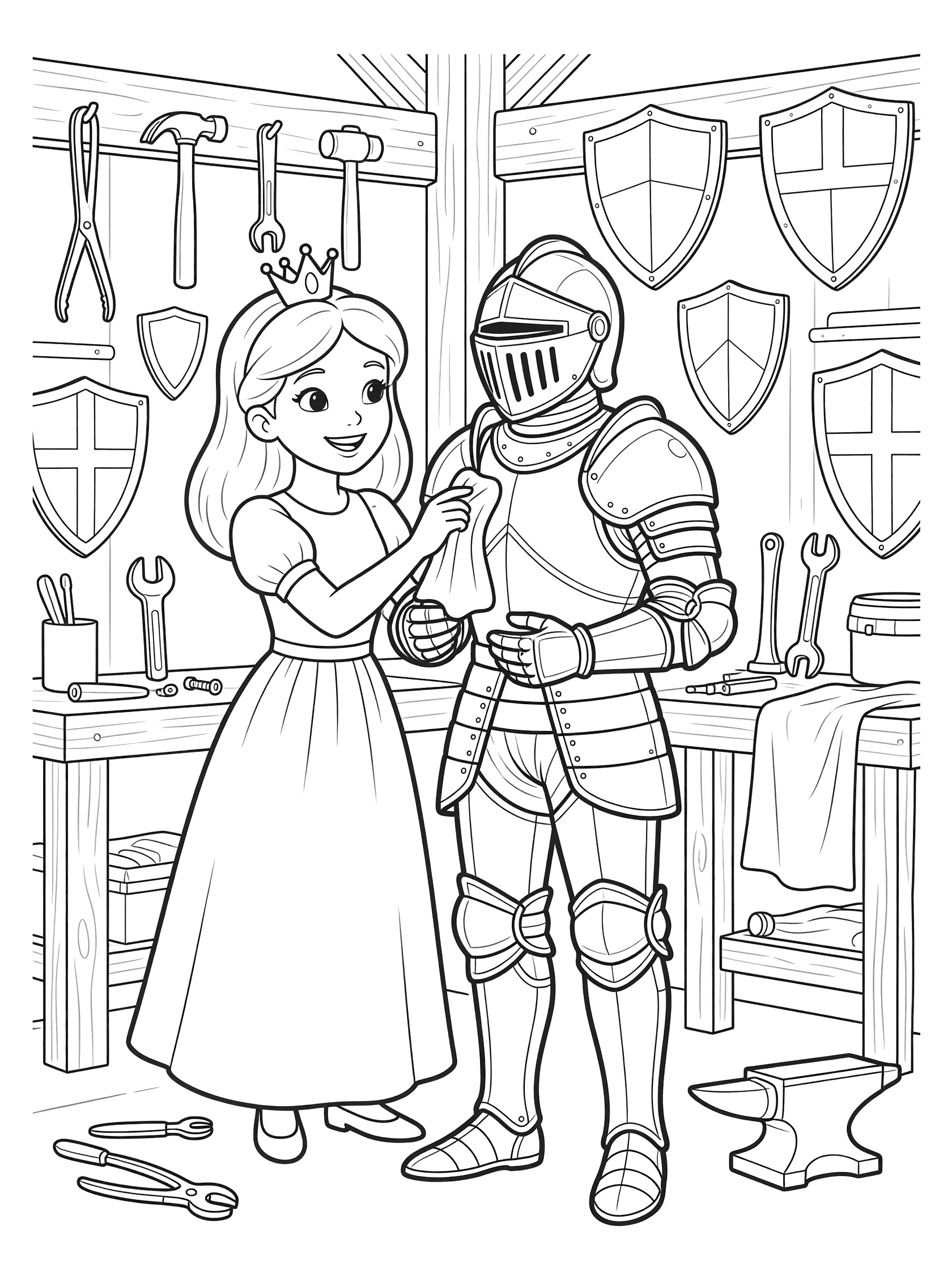 Black and white line art coloring page showing a smiling princess in a long dress and crown polishing a knight's shiny helmet with a cloth in a cozy workshop. Knight stands in full armor. Walls have hanging shields, tools like hammers and wrenches on shelves and benches, anvil on floor.