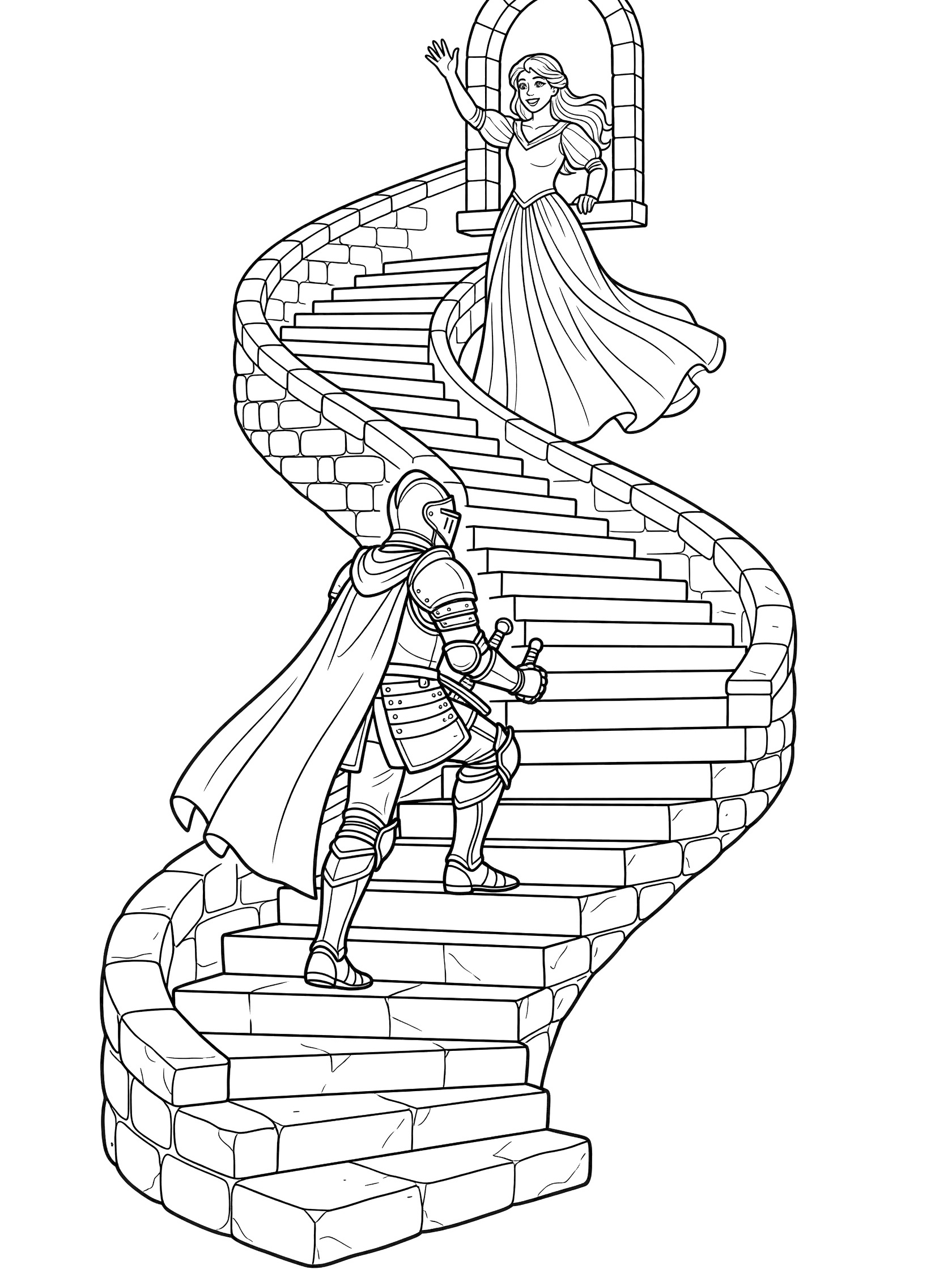 Black and white line art coloring page showing a knight with shield and cape ascending spiral stone stairs toward a princess in a long gown leaning out of a stone window arch.