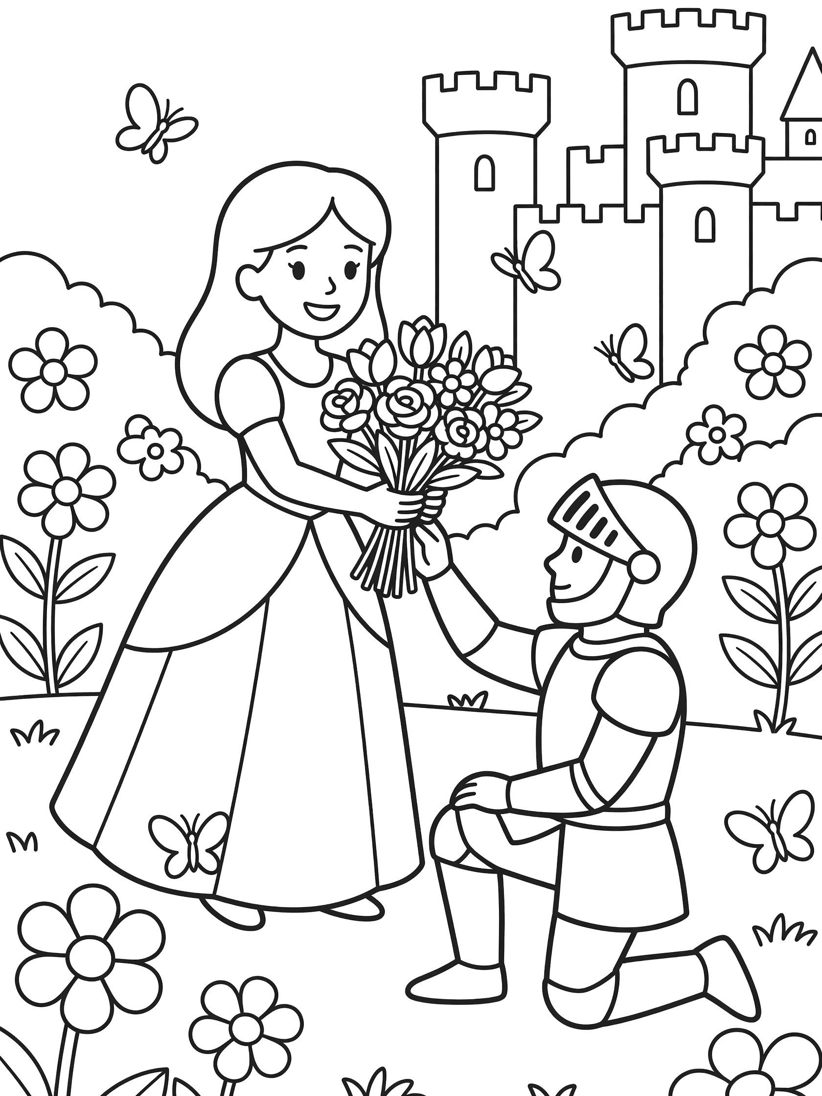 Printable coloring page showing a happy princess in a long dress offering flowers to a knight kneeling in a garden with castle towers, butterflies, and flowers around them.