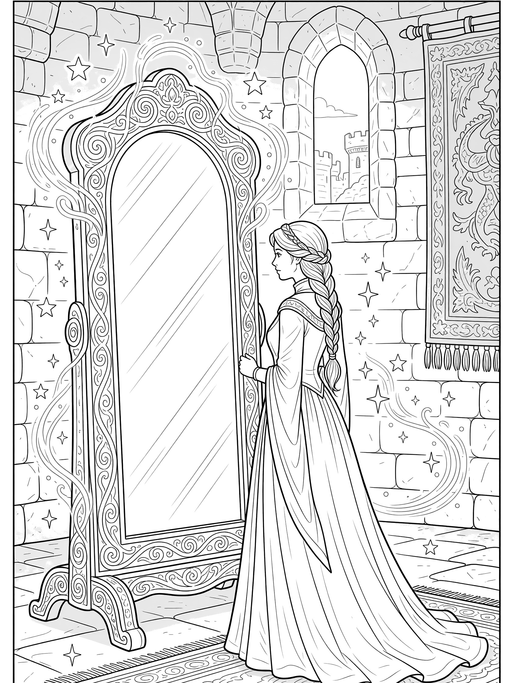 Black and white line art coloring page showing a princess in a long dress looking into a tall ornate mirror with swirling patterns and stars in a stone tower room.