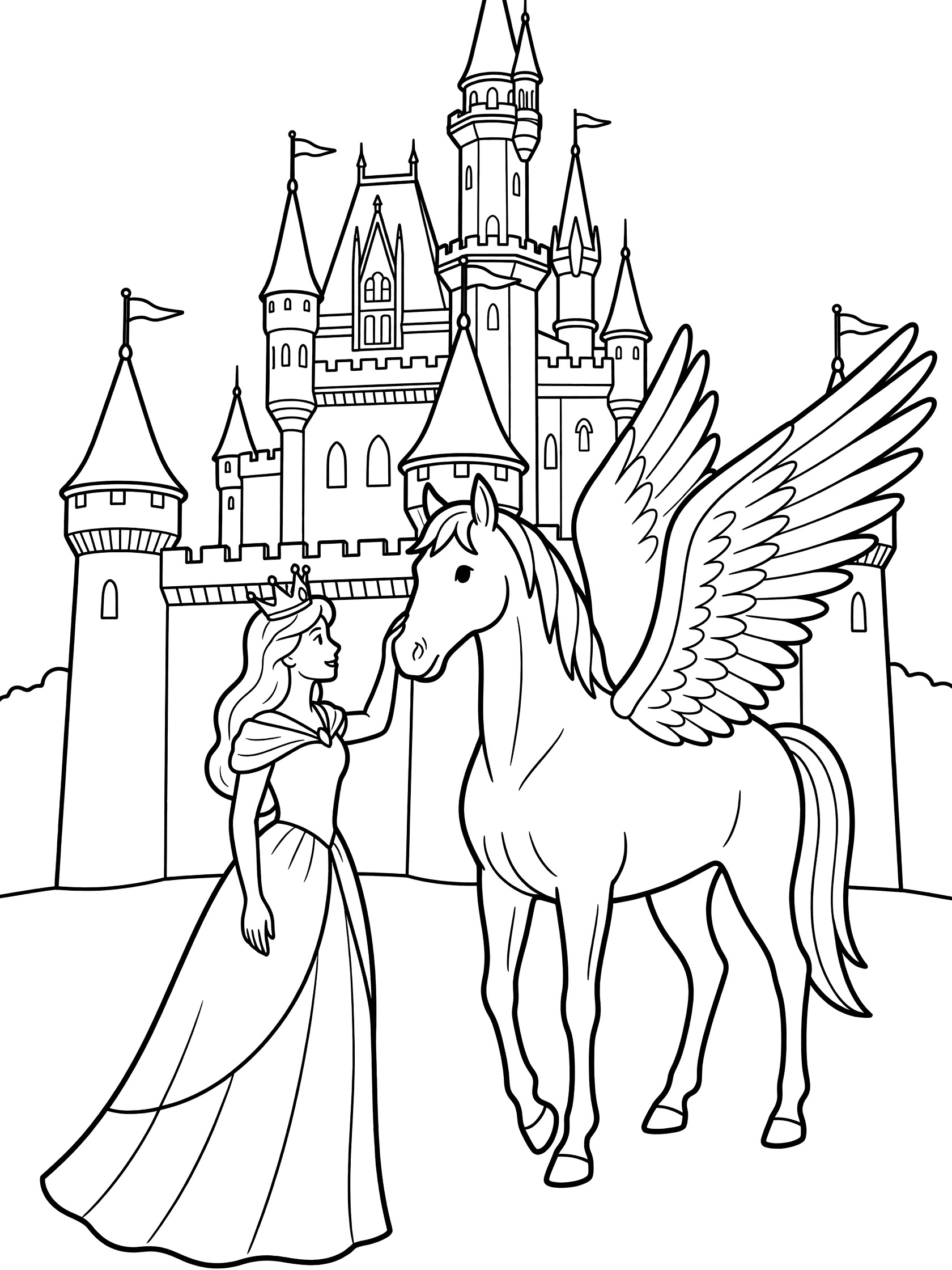 Line art coloring page showing a princess in a long dress touching the nose of a winged pegasus horse in front of a large castle with multiple towers and flags.