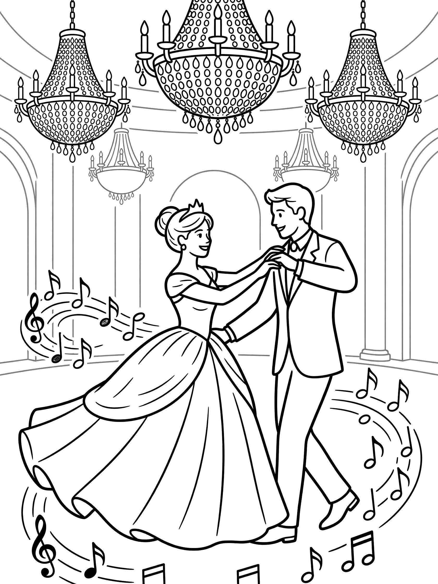 Black and white line art coloring page showing a princess with crown and long dress dancing with a prince in a ballroom with chandeliers and musical notes. Wedding themed black and white printable line art