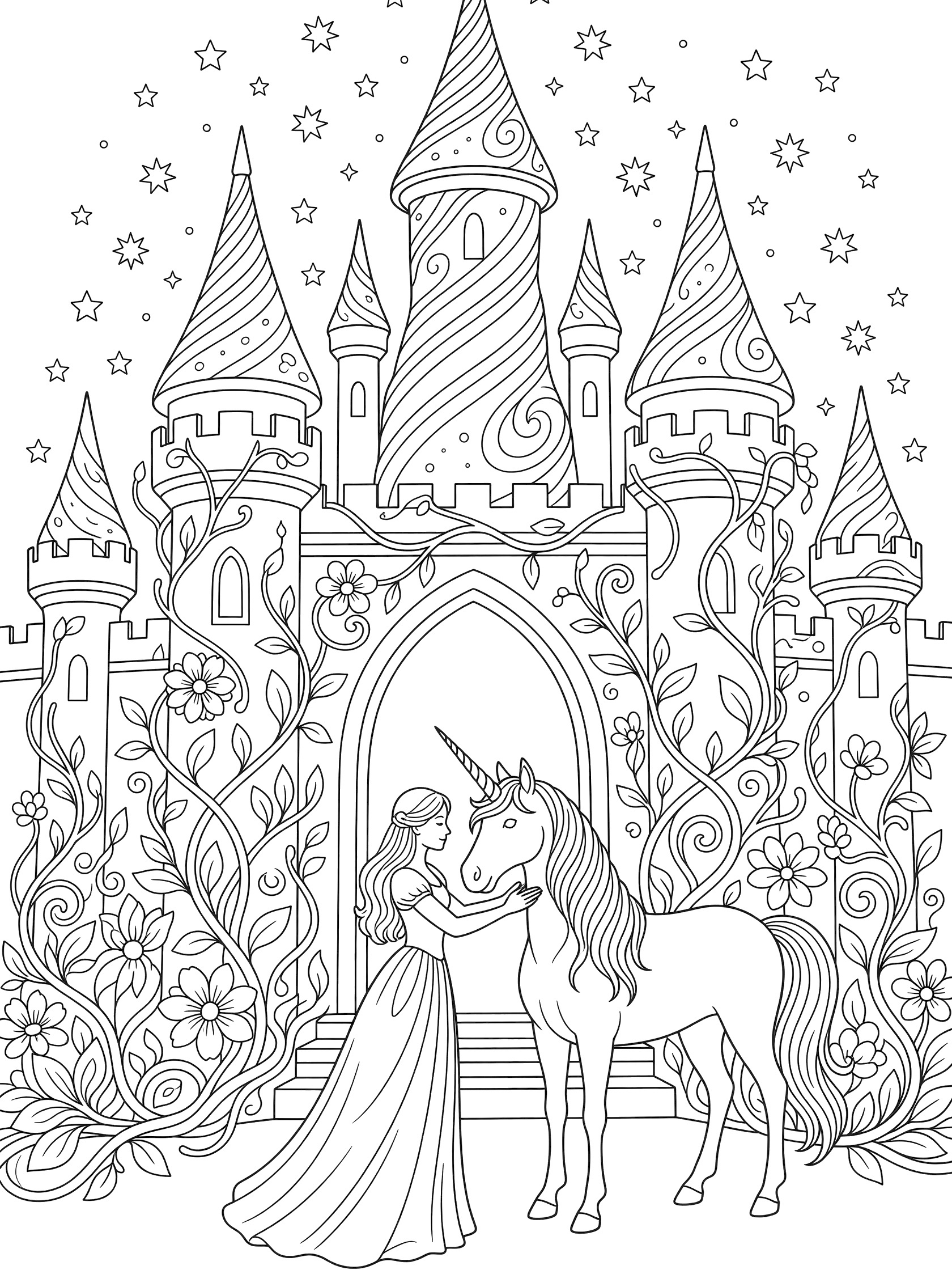 Black and white line art coloring page showing a princess in a long dress petting a unicorn near a castle with swirling towers, stars, vines, and flowers.