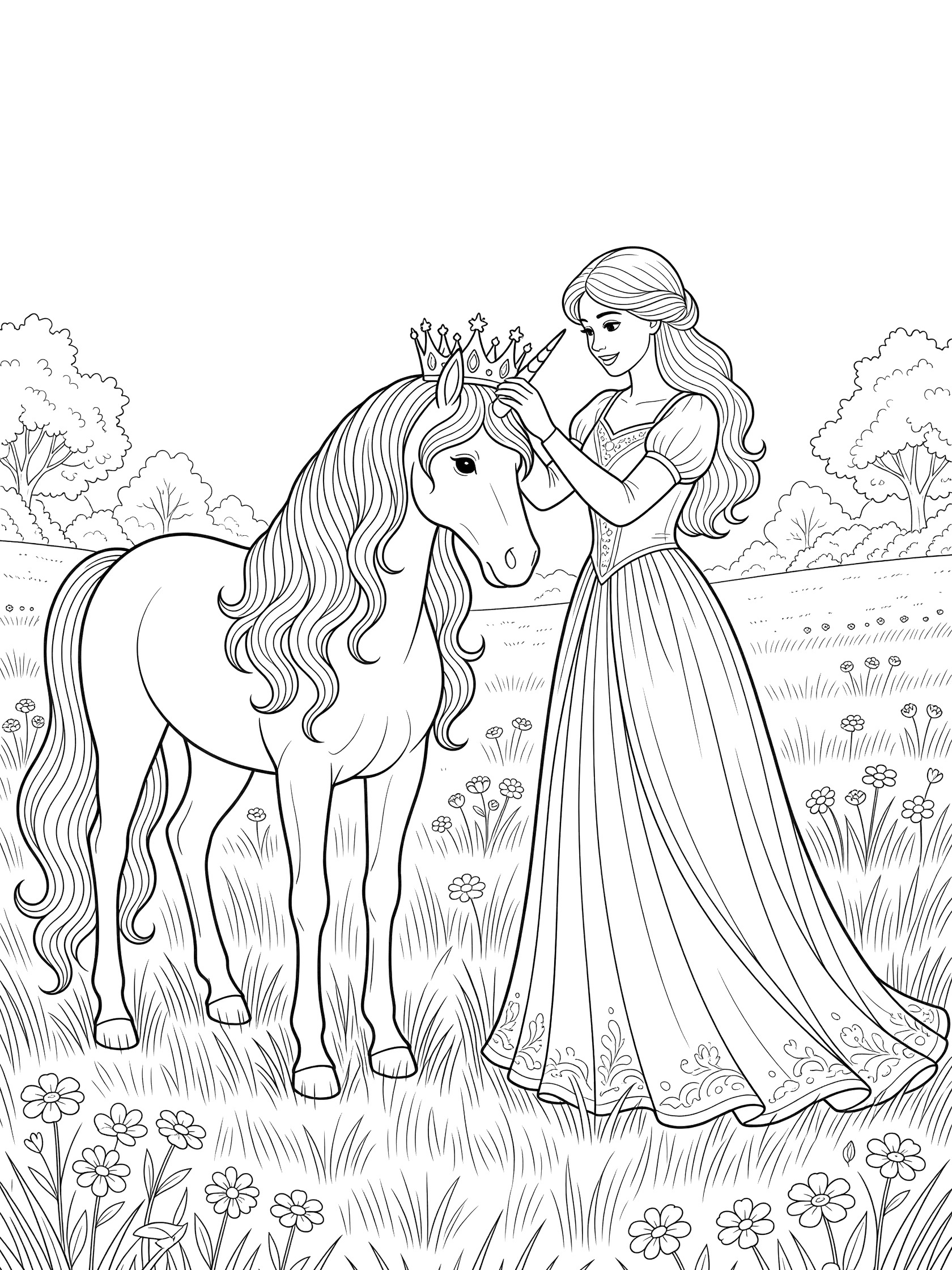 Black and white line art coloring page showing a princess in a long dress leaning to place a sparkling crown on a unicorn's head, surrounded by flowers and grass in a meadow.