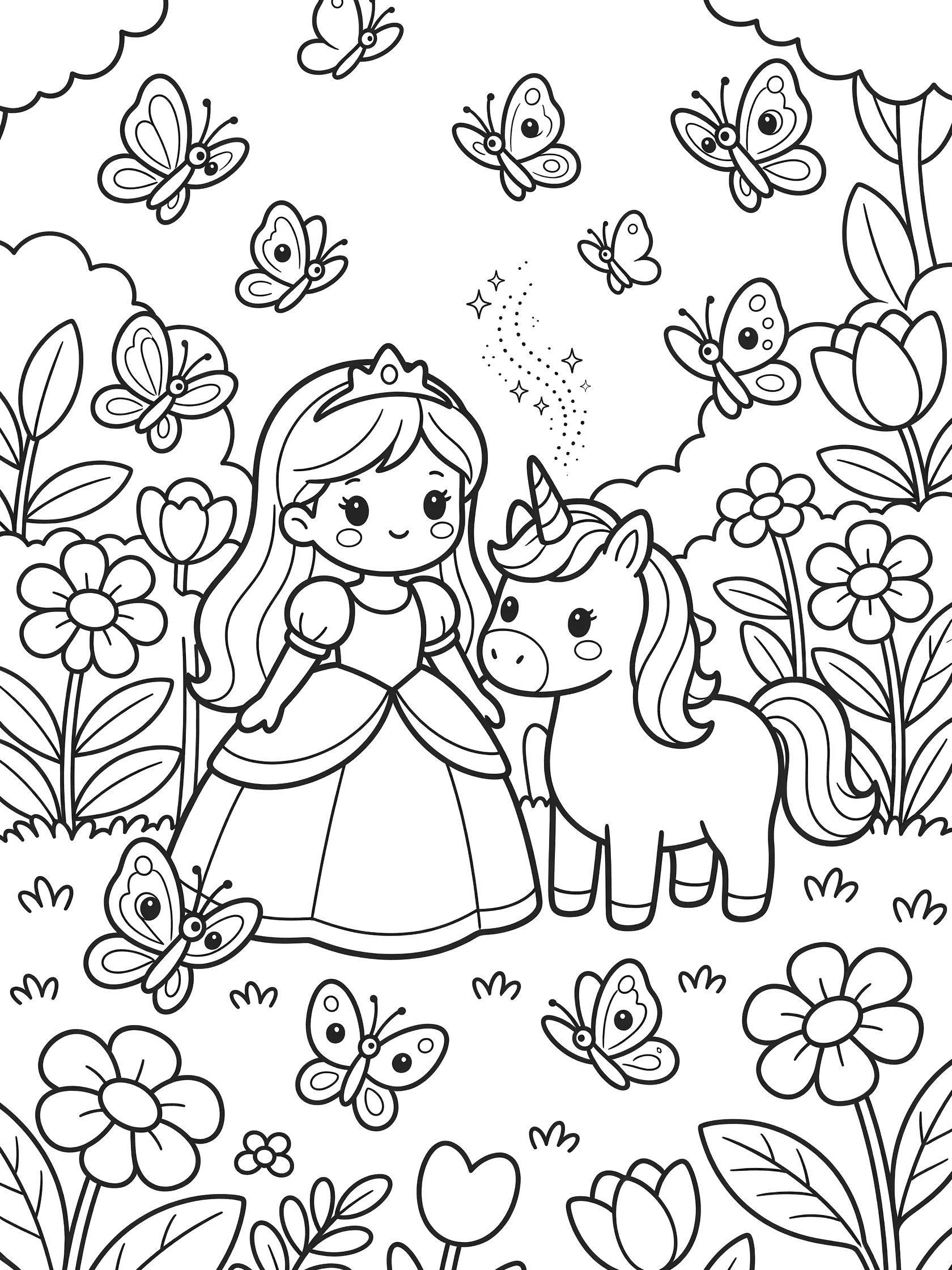 Black and white line art coloring page showing a princess standing with a unicorn in a garden full of big butterflies, flowers, and large leaves.