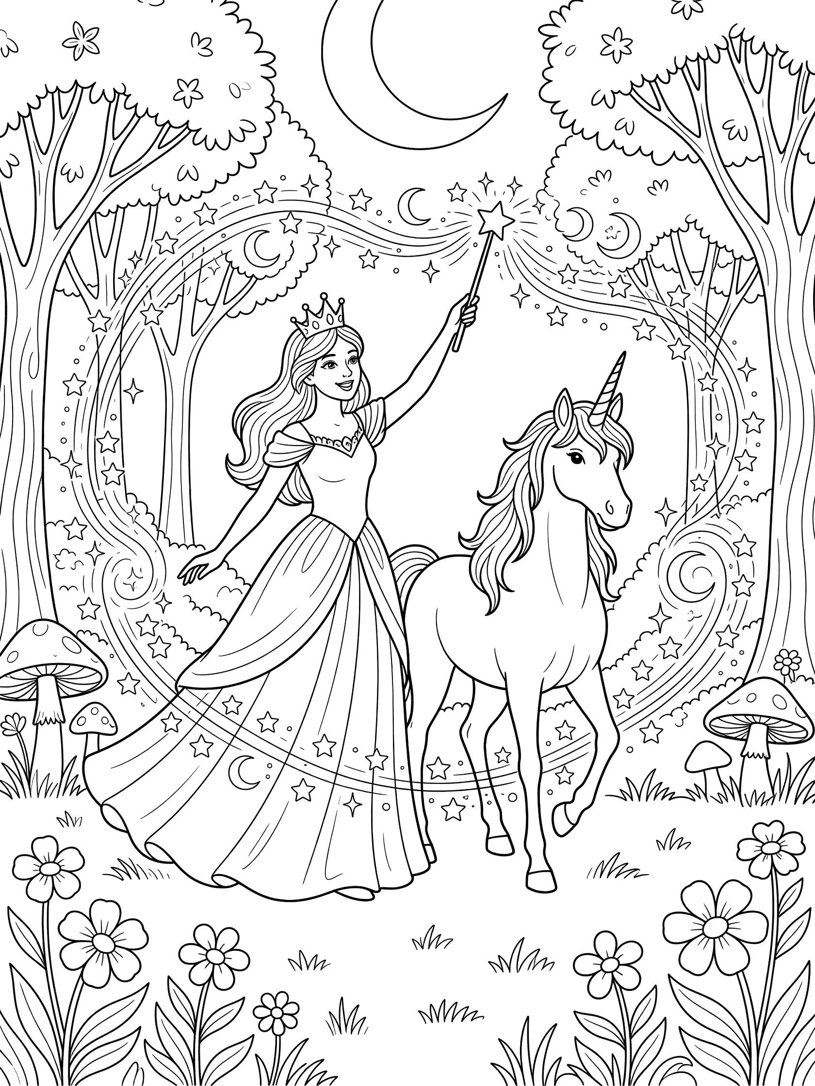Black and white line art coloring page showing a princess in a dress and crown holding a starry wand above a unicorn, surrounded by trees, crescent moon, stars, mushrooms and flowers in a forest clearing.
