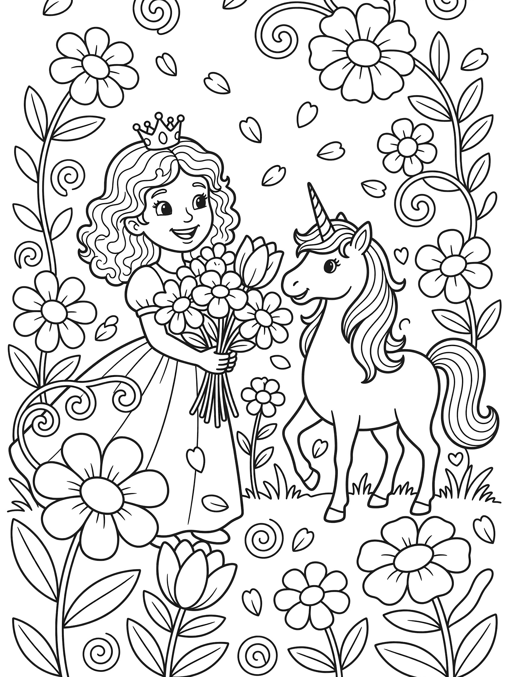 Black and white line art coloring page showing a princess in a dress and crown holding large flowers toward a unicorn, surrounded by garden flowers, vines, and floating petals.