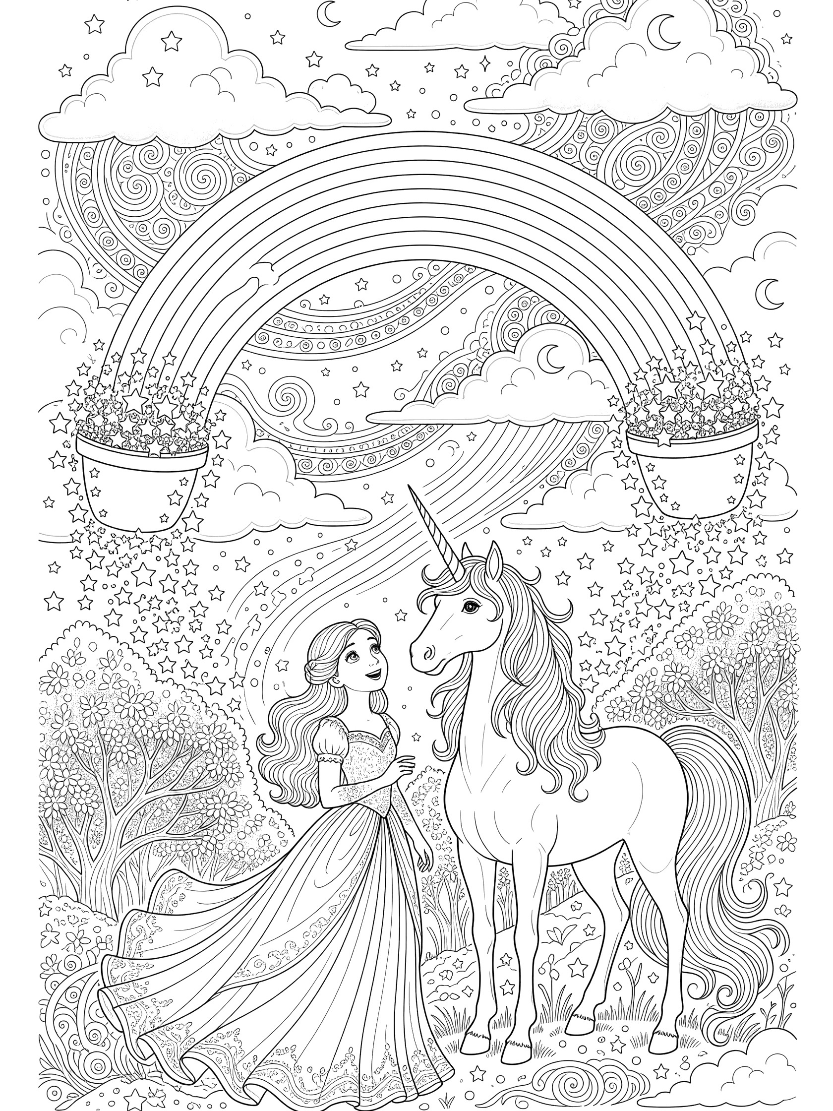Printable coloring page showing a princess in a flowing dress standing with a unicorn, both gazing at a large arched rainbow ending in pots of stars, surrounded by clouds, stars, moon, trees, and swirling patterns.