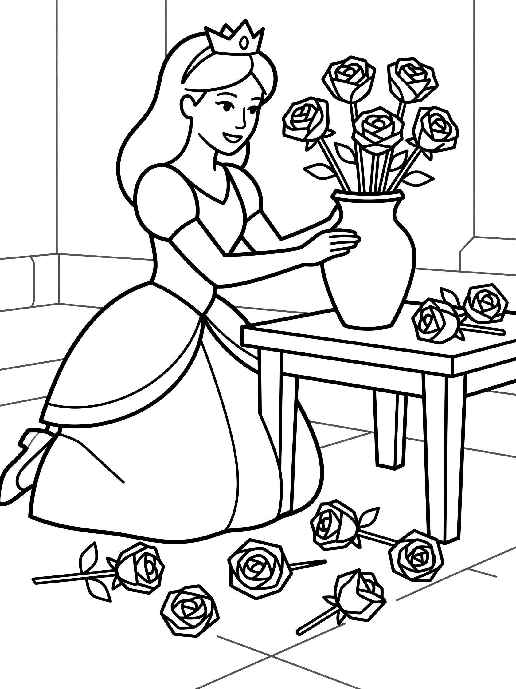 Black and white line art coloring page showing a princess in a dress and crown kneeling next to a table with a vase of roses and extra roses on the floor.