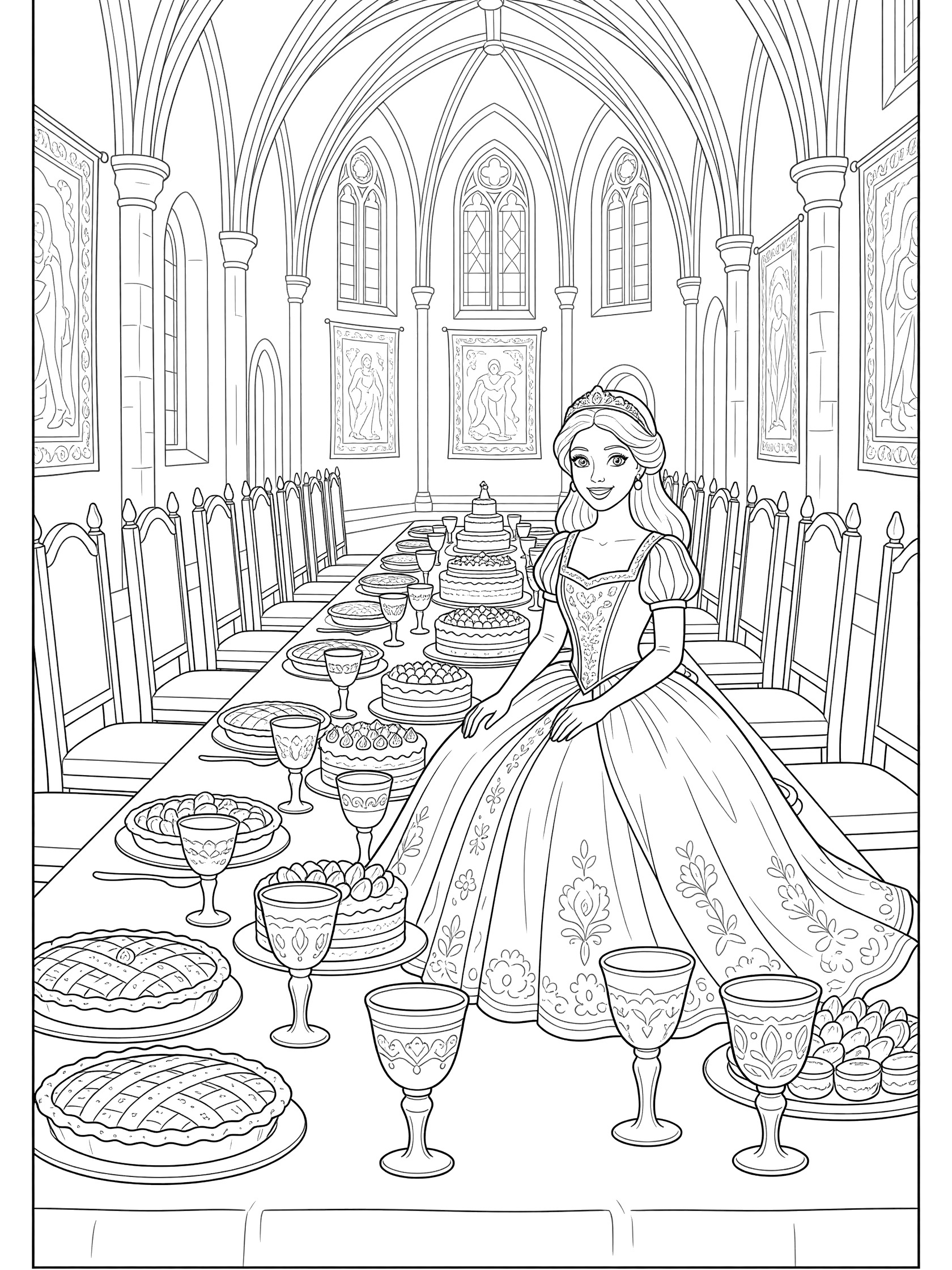 Black and white line art of a princess in a gown at a long banquet table covered with pies, cakes, fruit bowls, and goblets in a castle dining hall with arched windows. Wedding themed black and white printable line art