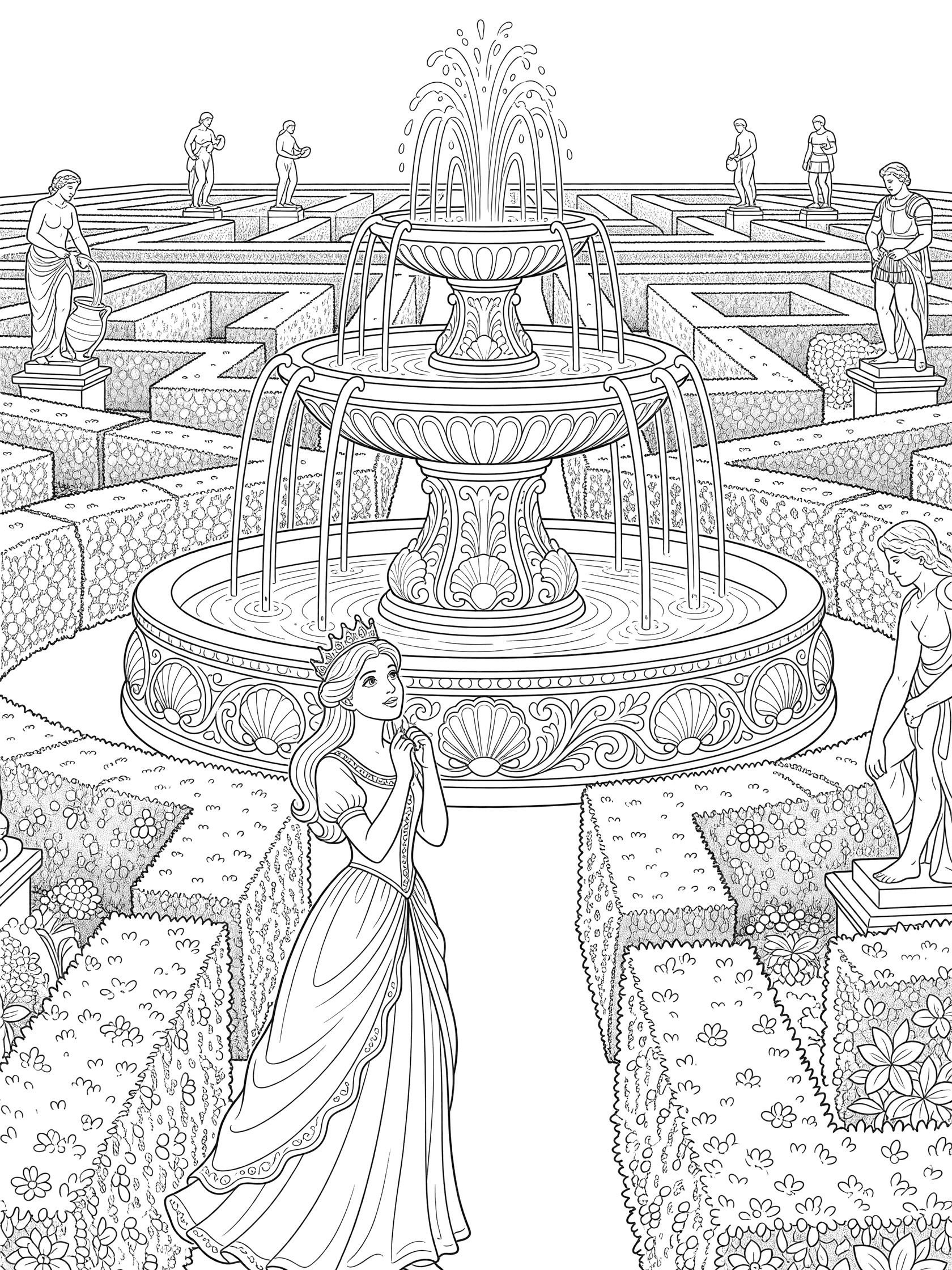 Black and white line art of a princess in a long dress with crown, hands clasped, gazing at ornate fountain with water spray in hedge maze garden surrounded by statues.