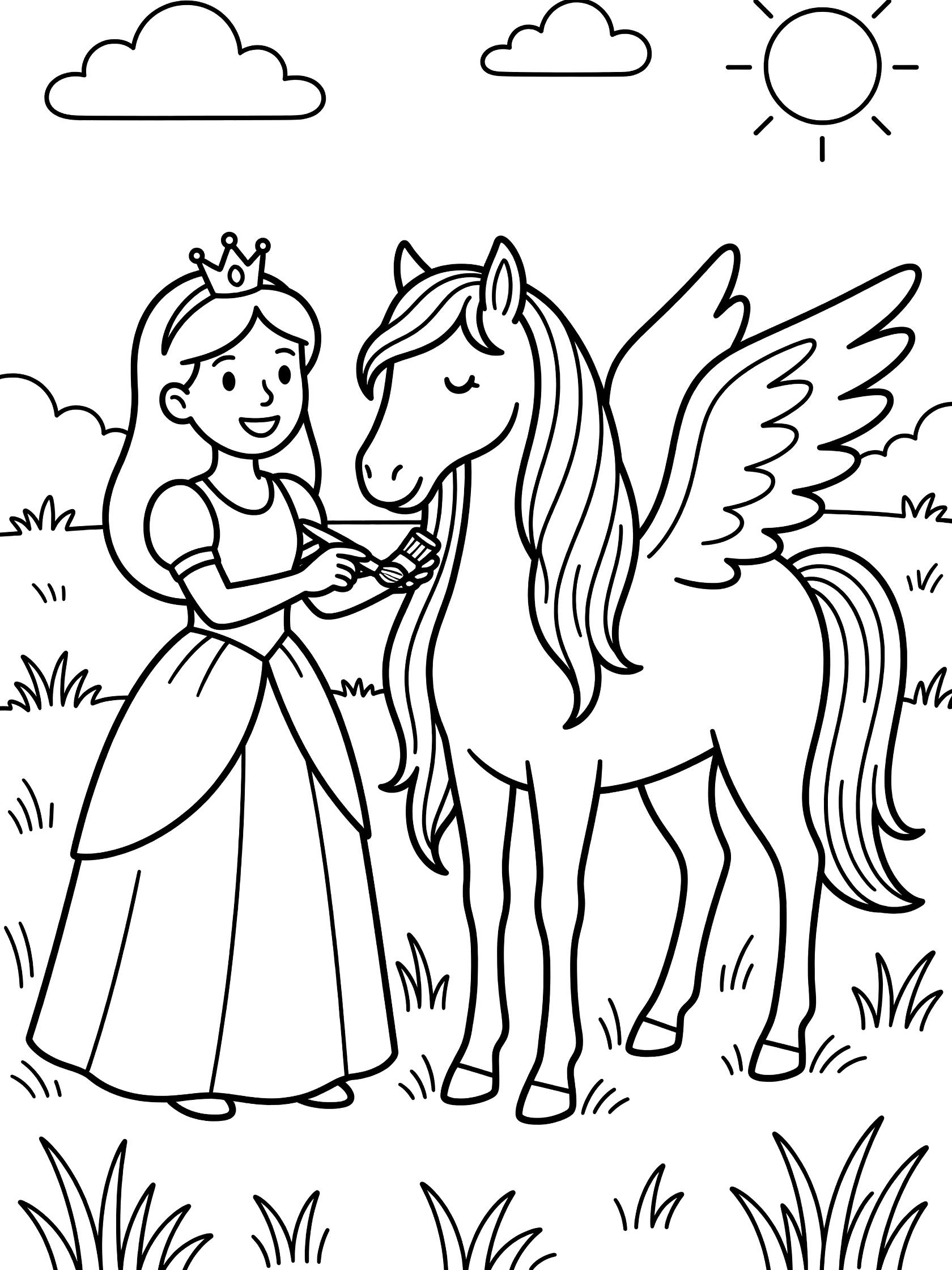Black and white line art coloring page showing a smiling princess in a dress and crown brushing the long mane of a standing pegasus with wings, sun and clouds in the sky, grass below.