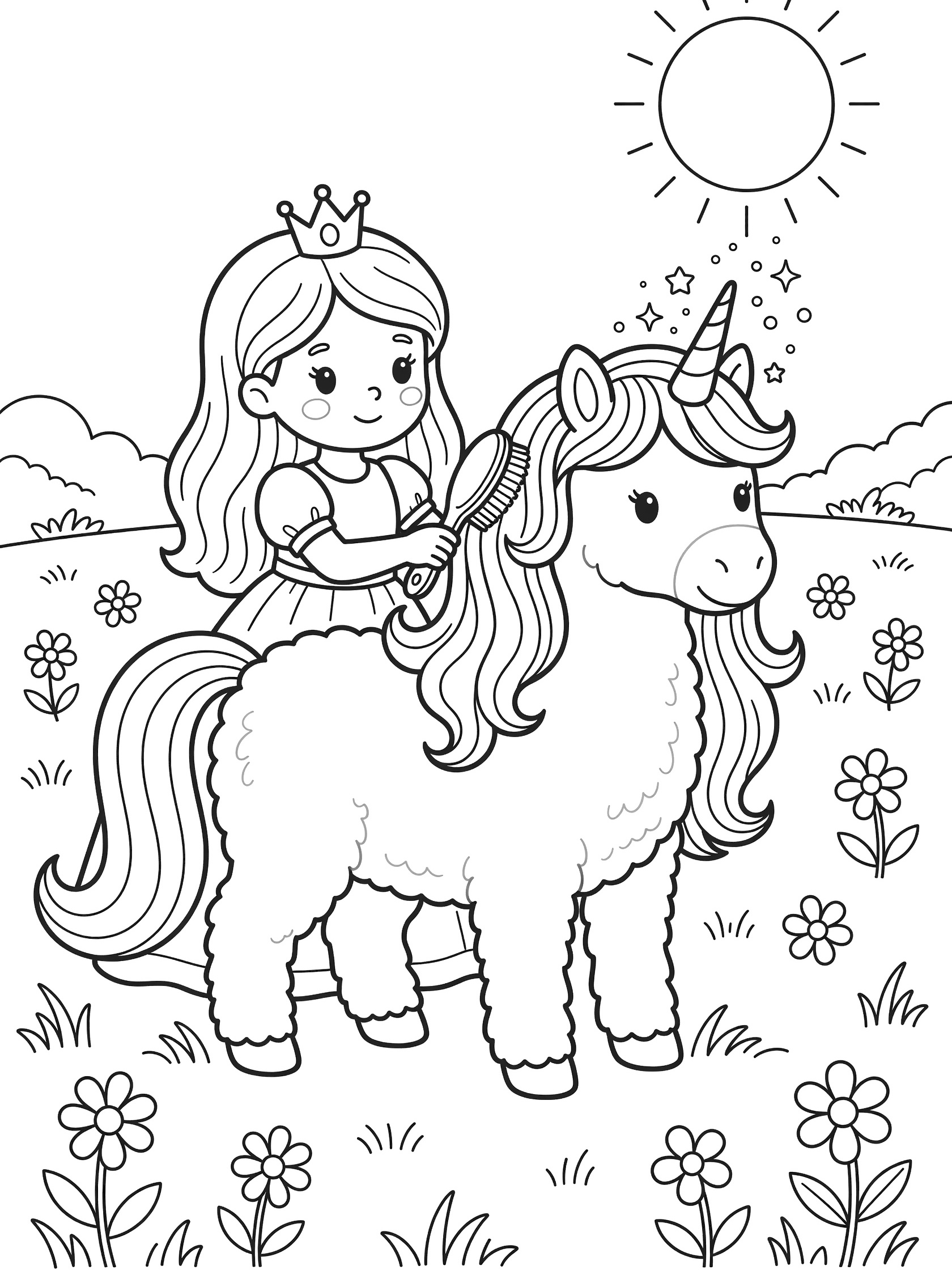 Black and white line art coloring page showing a princess with a crown brushing the fluffy mane of a unicorn with a sparkly horn, standing in a meadow with daisies and a sun.