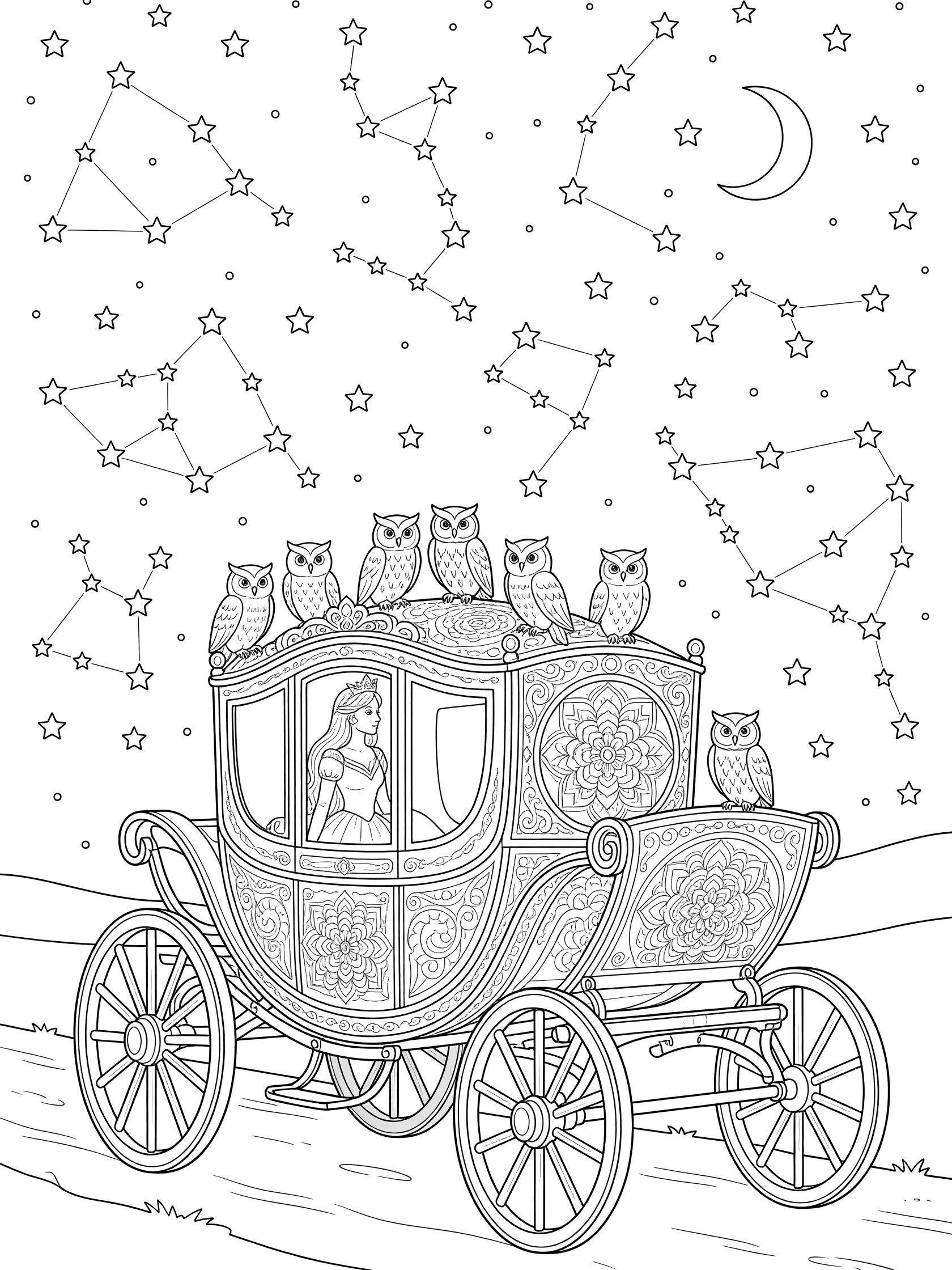 Black and white line art of a princess sitting in an ornate horse-drawn carriage with several owls perched on the roof, surrounded by stars, constellations, and a crescent moon.