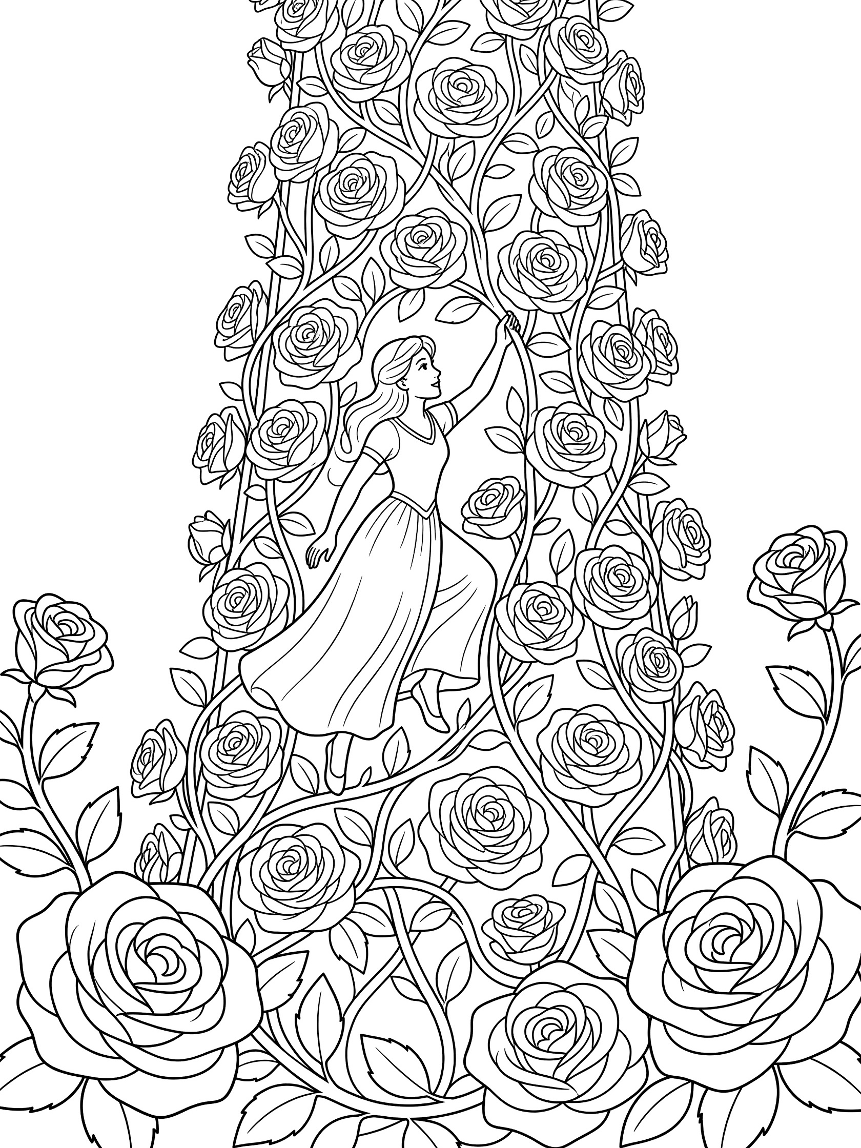 Black and white line art coloring page showing a princess in a long dress climbing up a tall tower of thick intertwined rose vines covered in large blooming roses.