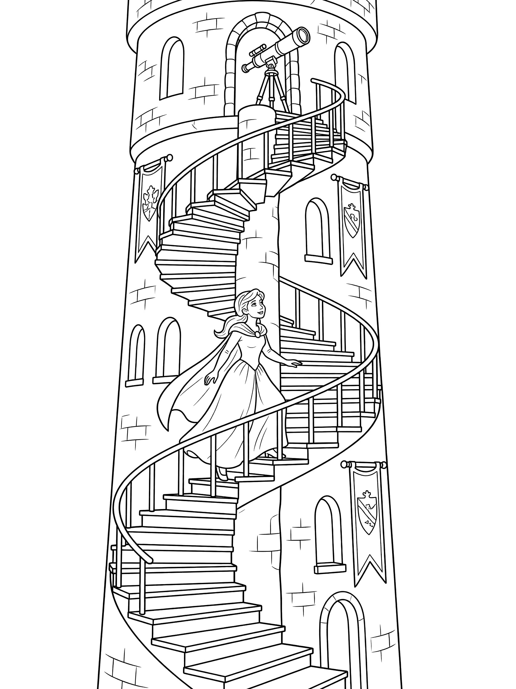 Black and white line art of a princess in a long dress climbing spiral stone stairs inside a tall castle tower with arched windows, hanging banners, and a telescope at the top.