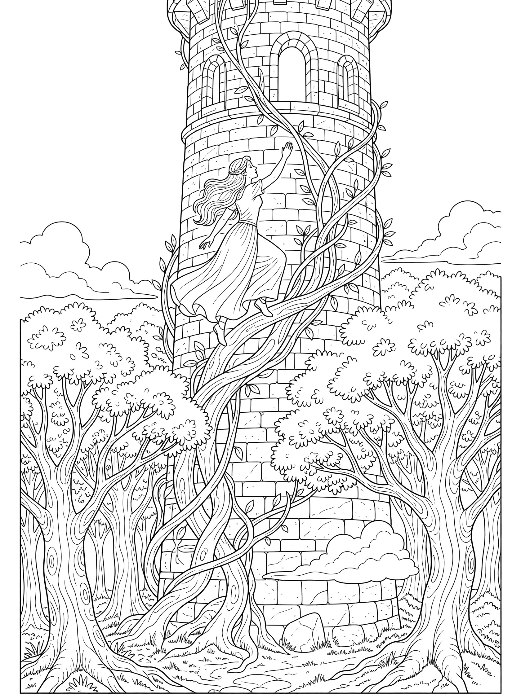 Black and white line art coloring page showing a princess in a long dress climbing intertwining vines wrapped around a stone tower with a window, forest trees at the base, and fluffy clouds.