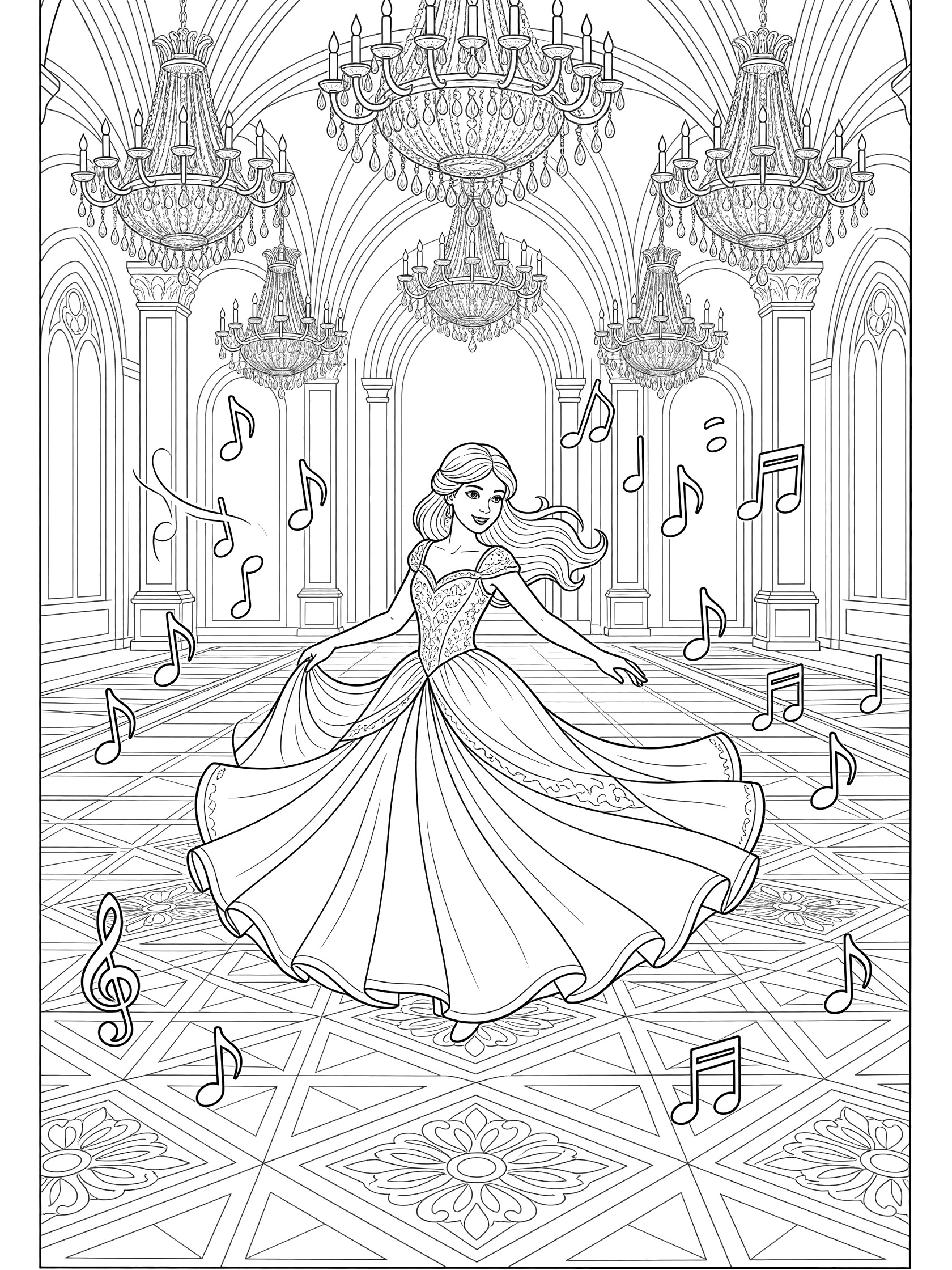 Black and white line art coloring page showing a princess in a flowing dress twirling in a castle ballroom with hanging chandeliers, floating musical notes, and checkered floor.