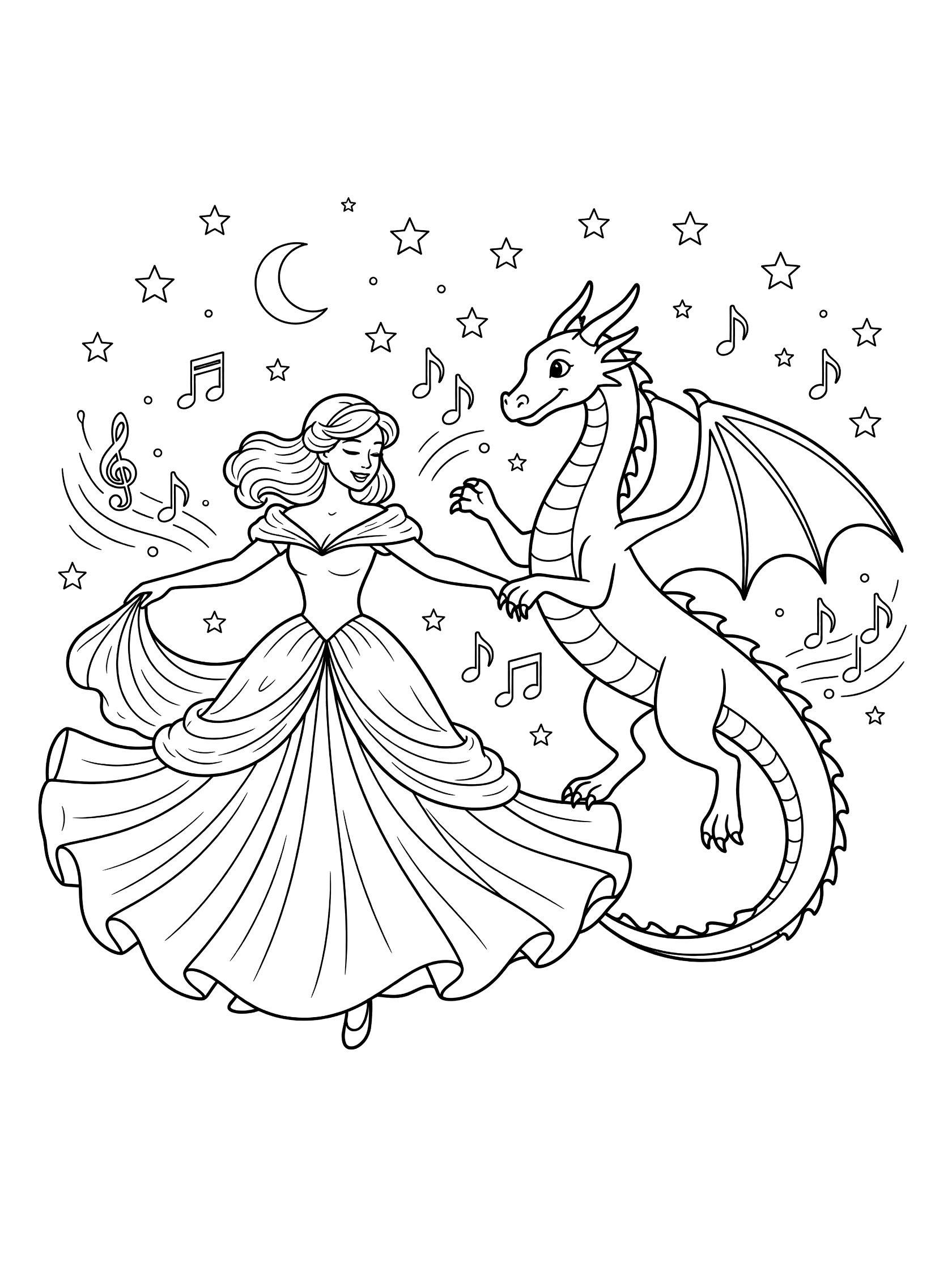 Black and white line art coloring page showing a princess in a flowing dress dancing with a dragon rearing up, stars and moon in the sky, musical notes around them