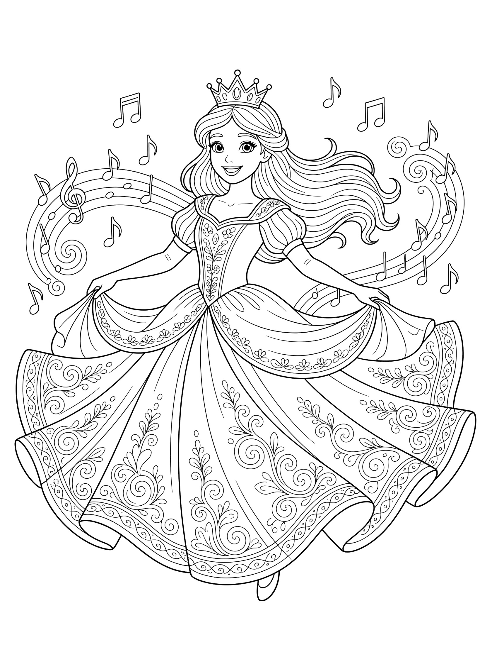Black and white line art coloring page showing a smiling princess in a crown and wide swirling dress, dancing with musical notes around her.