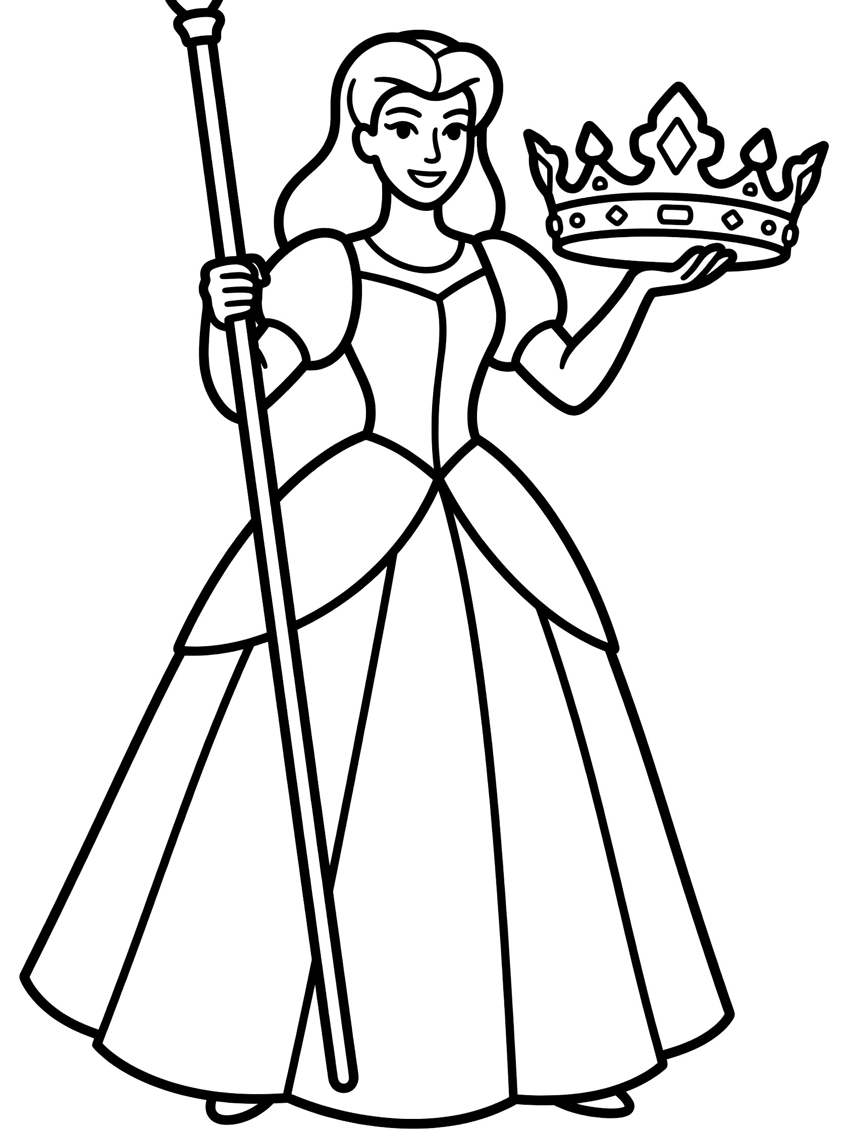 Black and white line art coloring page showing a princess in a long dress holding a tall scepter in her right hand and balancing a jeweled crown in her left hand.