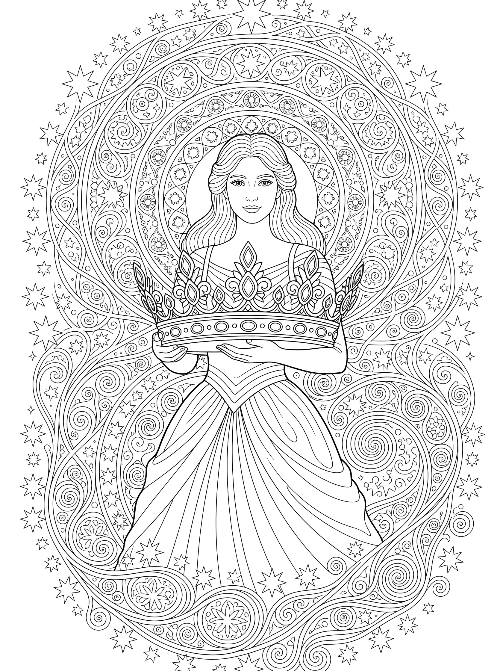 Black and white line art coloring page showing a princess in a gown holding a jeweled crown, surrounded by detailed mandala patterns of vines, swirls and stars.