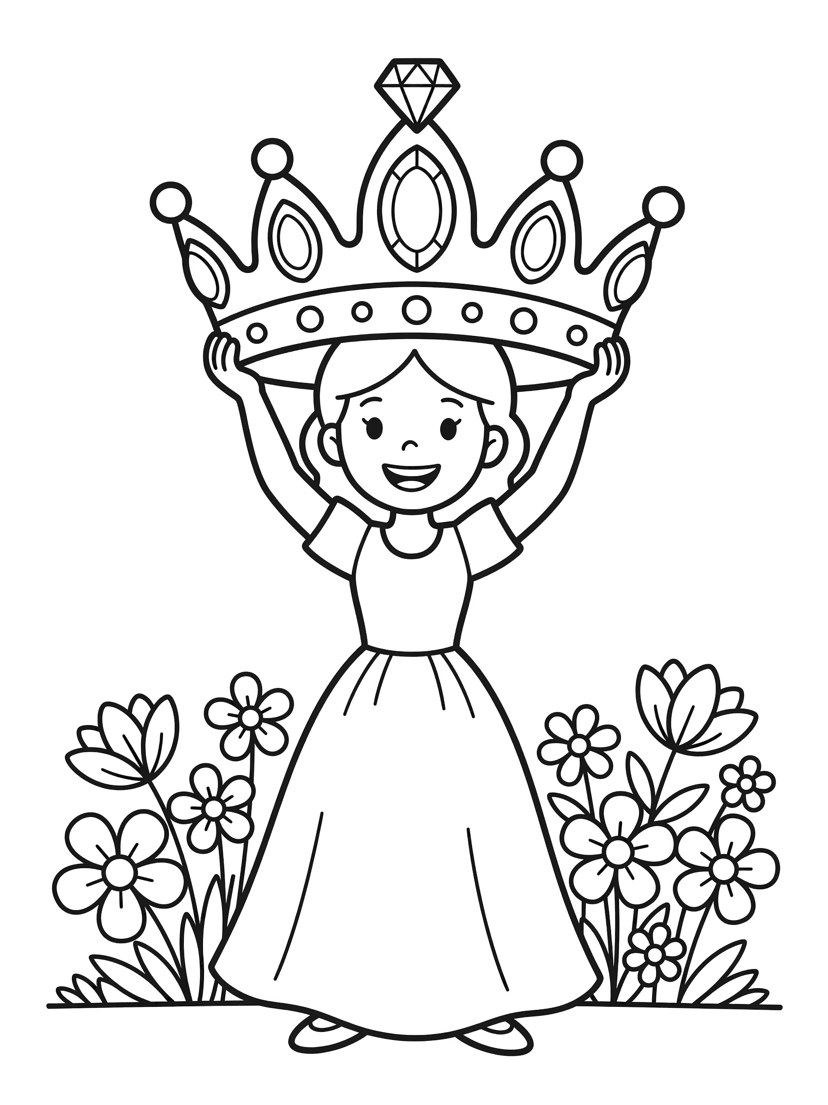 Black and white coloring page showing a cheerful princess in a gown holding a large jeweled crown over her head with both hands and flowers blooming around her feet