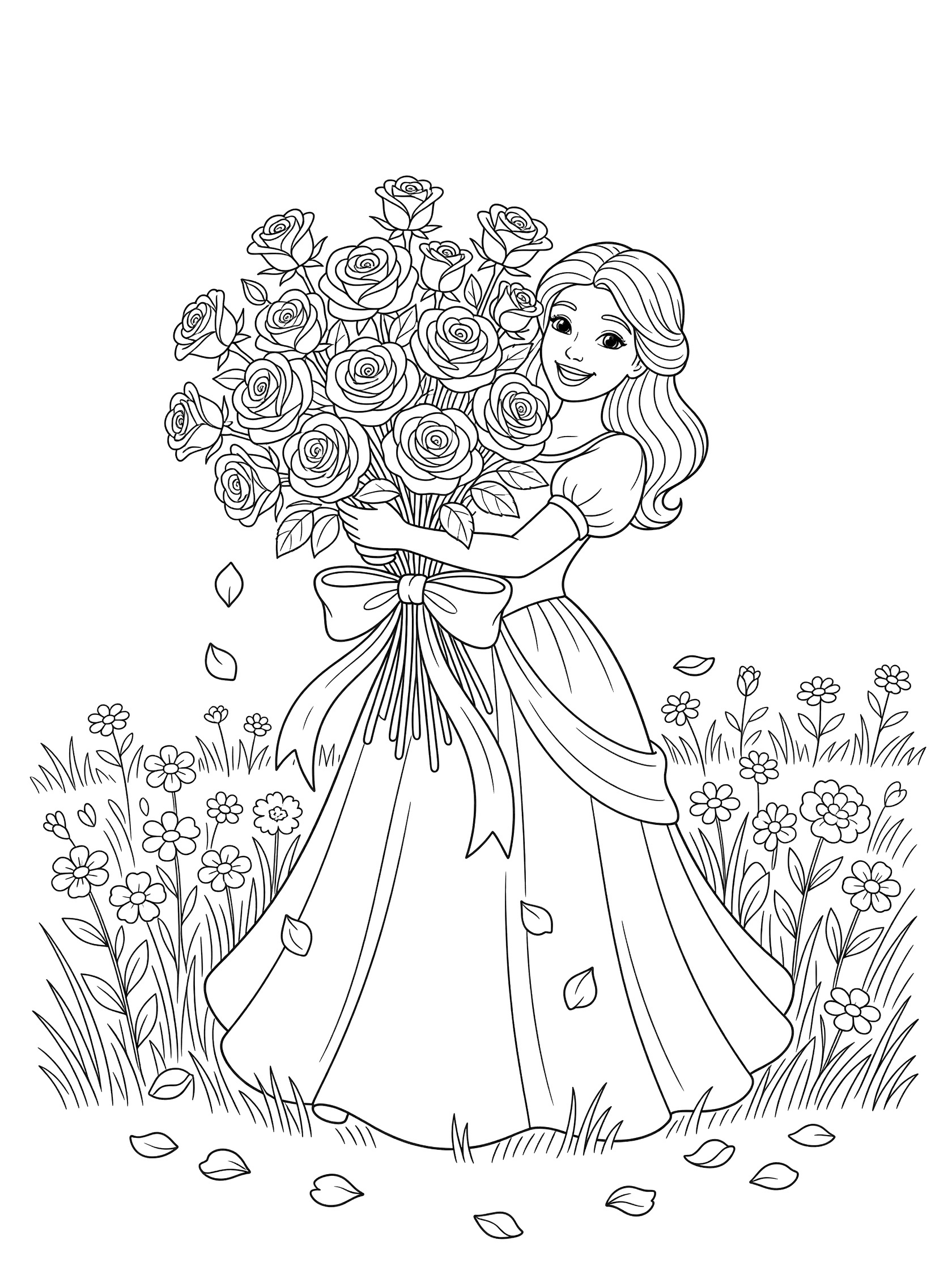 Black and white line art coloring page showing a princess in a dress holding a large bouquet of roses tied with ribbon, standing in a meadow with scattered petals and flowers.
