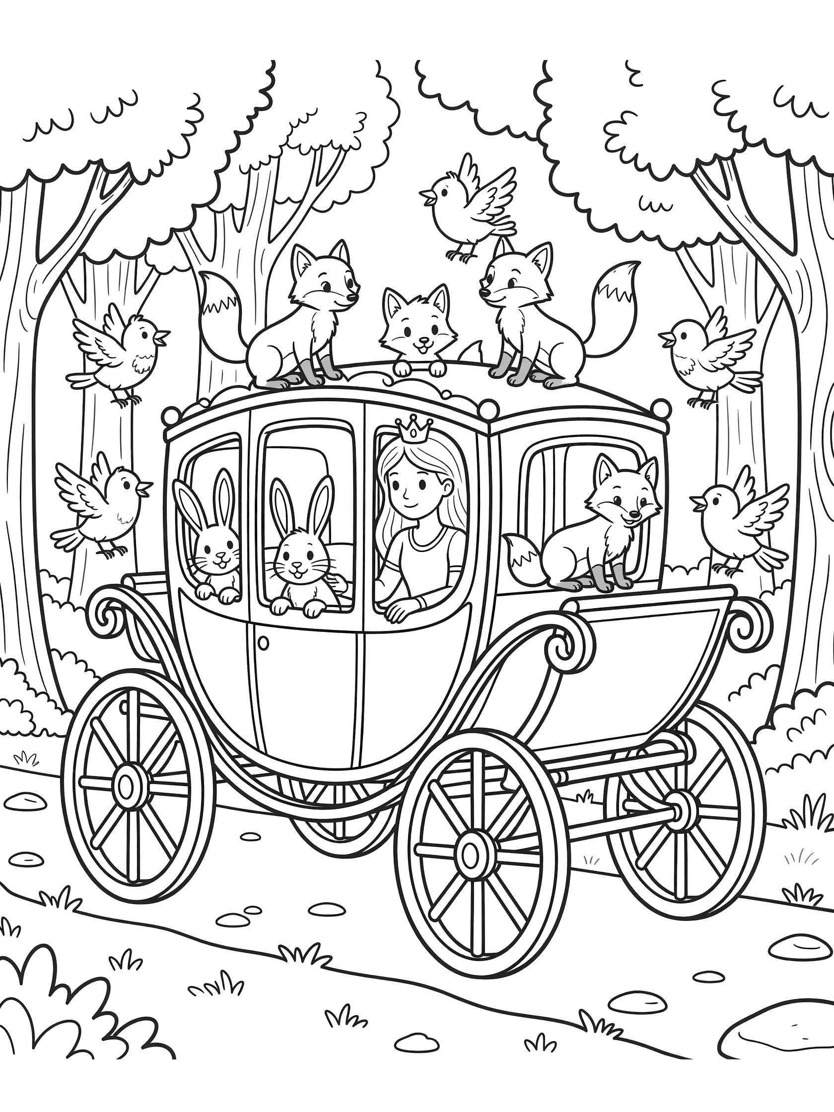 Black and white line art coloring page showing a princess in a horse-drawn carriage surrounded by foxes, rabbits, and birds amid trees and a path.