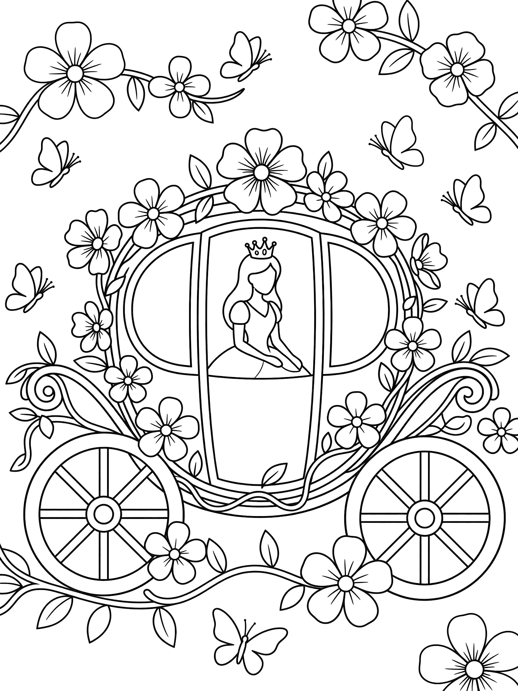 Black and white line art coloring page showing a princess with crown inside an open carriage decorated with large flowers, vines, and butterflies flying around the wheels.