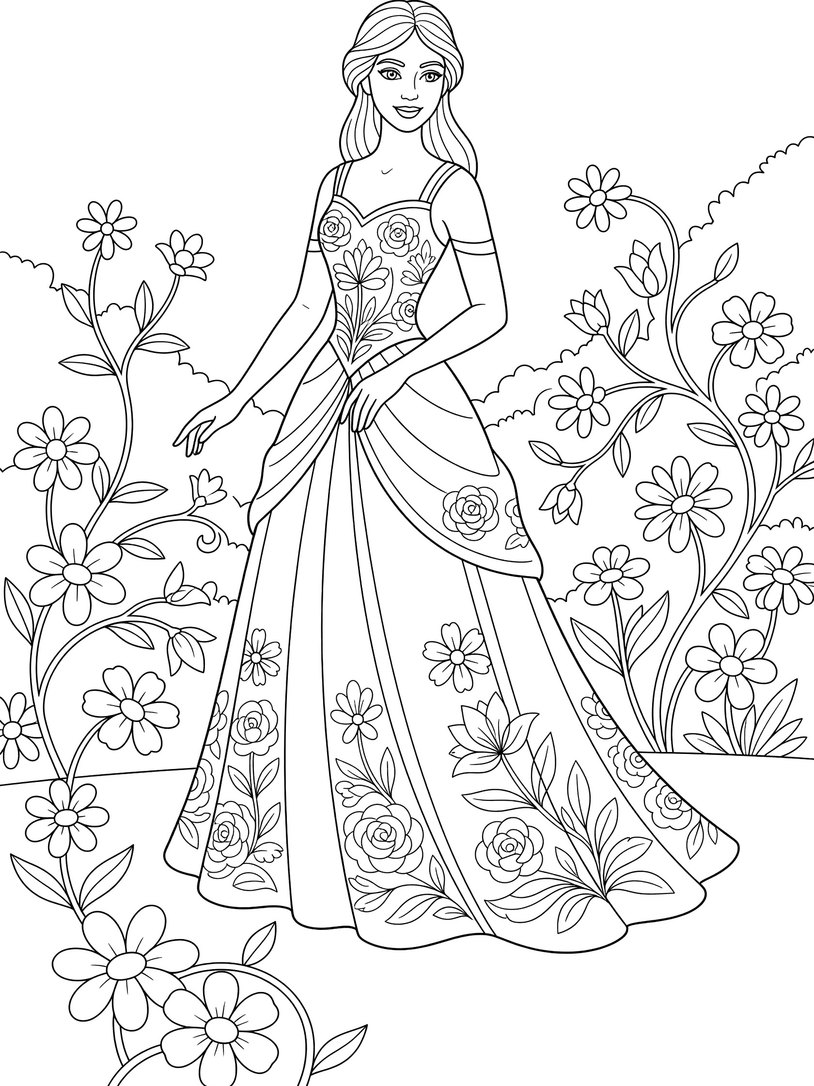 Black and white line art coloring page showing a princess in a long gown with floral patterns surrounded by flowers and vines in a garden.