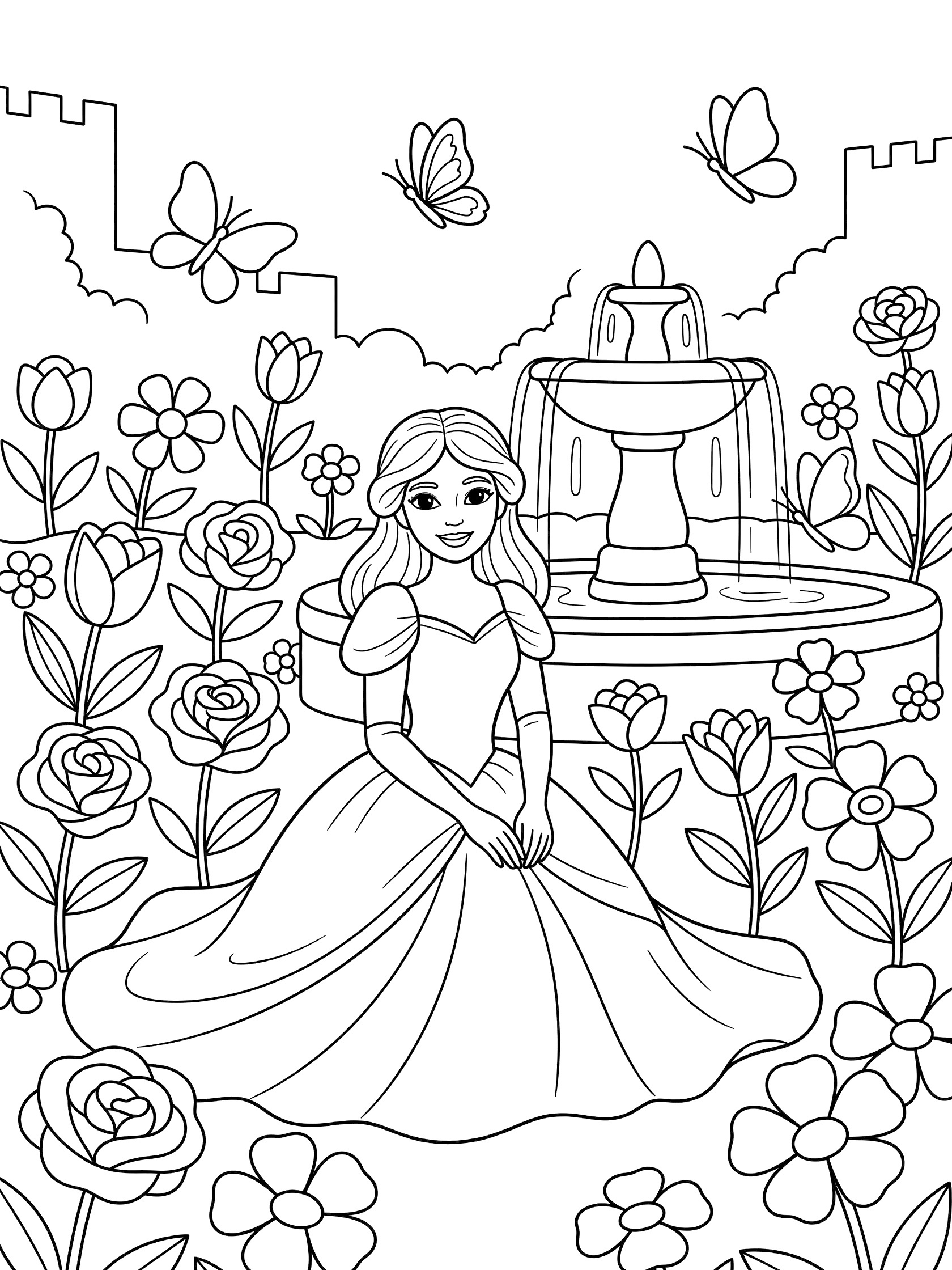 Black and white line art coloring page showing a princess in a long dress kneeling among flowers near a fountain with butterflies flying and castle towers in the background.