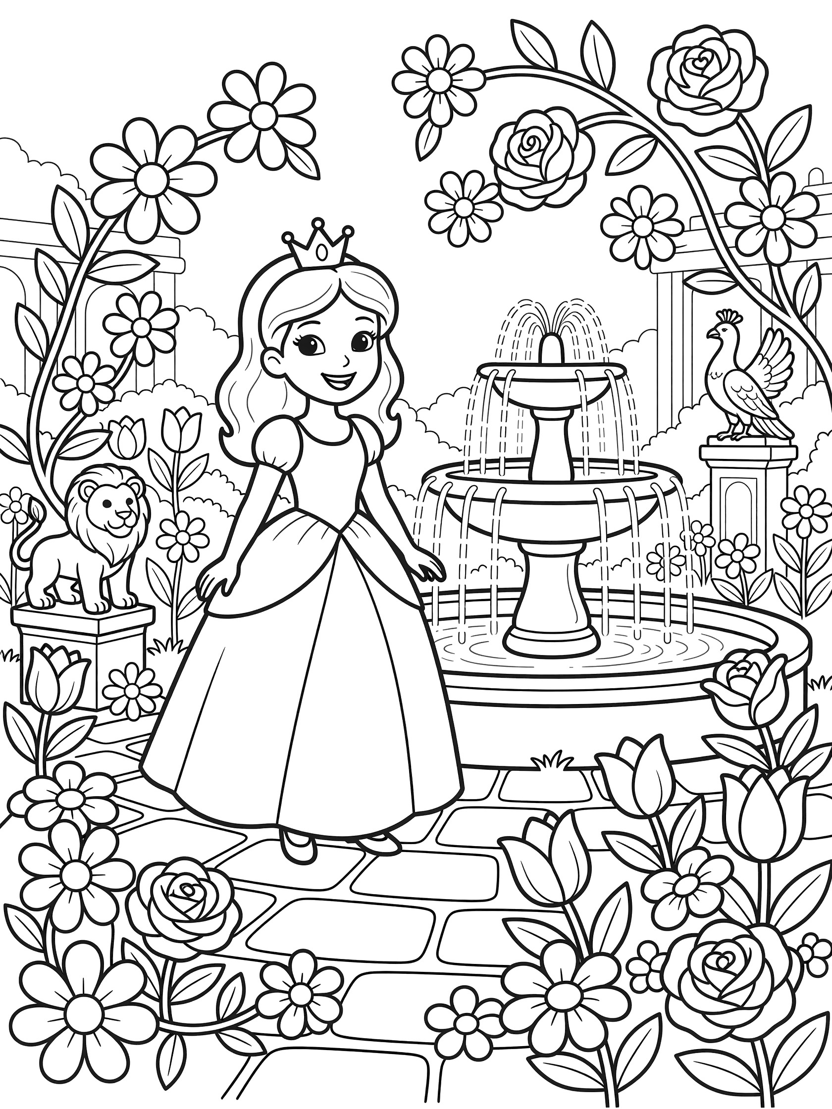 Black and white line art coloring page showing a princess in a flowing dress next to a fountain, with a lion, peacock, flowers, vines and stone path in a garden. Palace themed black and white printable line art