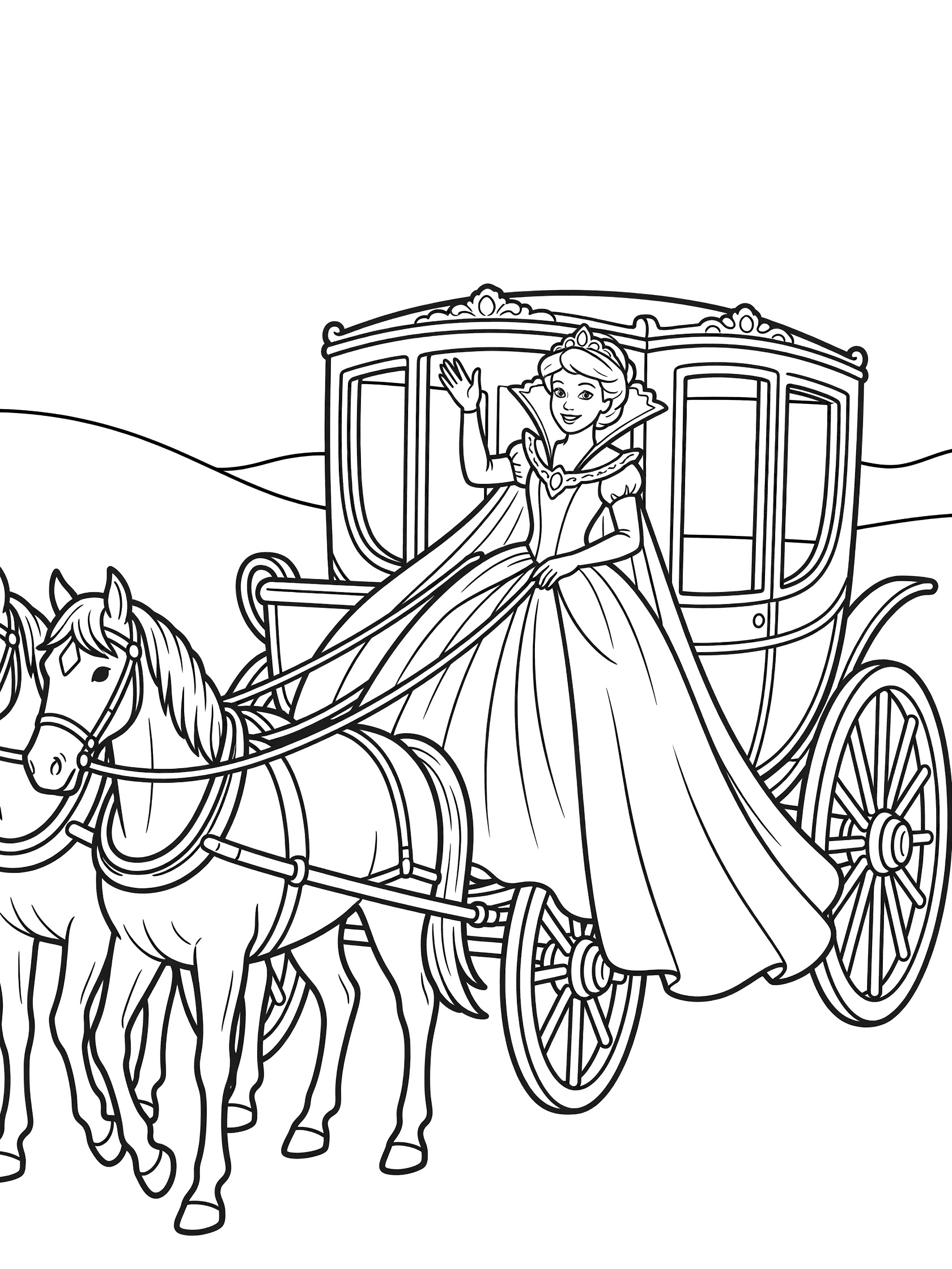 Black and white line art coloring page showing a princess in a flowing gown waving from the window of a fancy horse-drawn carriage with two horses pulling it.