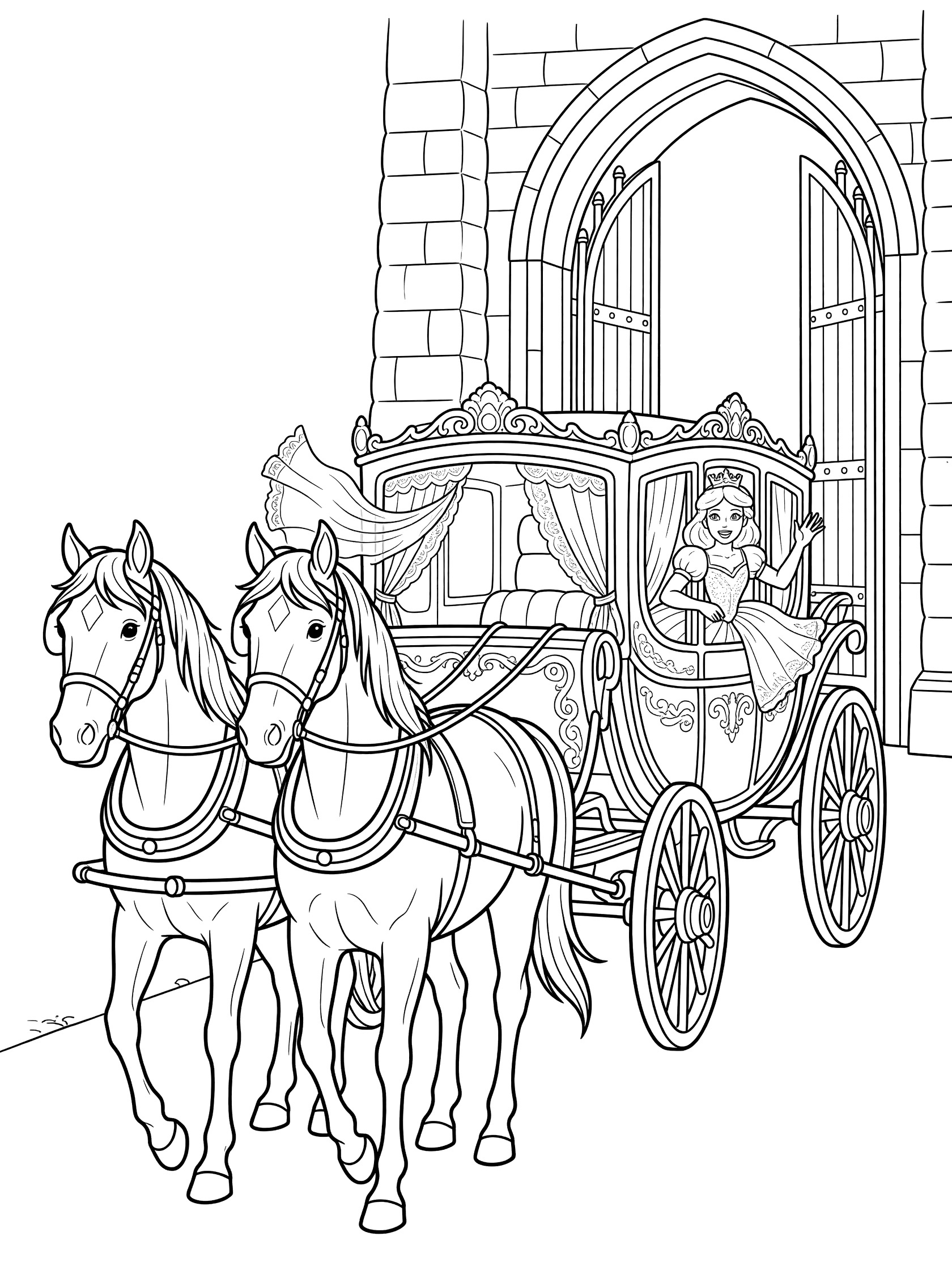 Black and white line art coloring page showing two horses pulling a fancy carriage with a princess peeking out the window waving toward an open castle gate. Wedding themed black and white printable line art