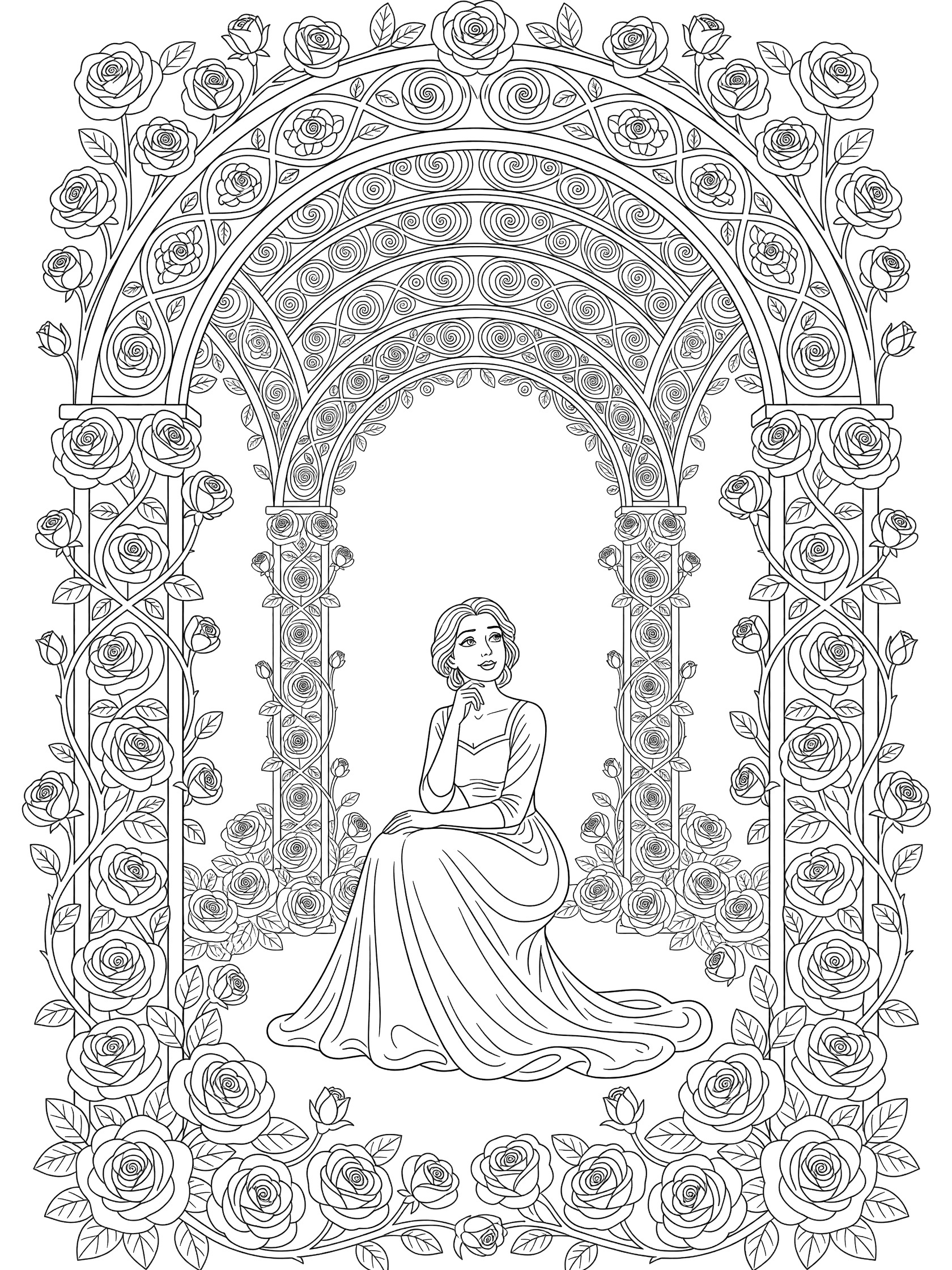 Black and white line art coloring page showing a princess in a long dress sitting under an intricate archway covered in roses and vines.