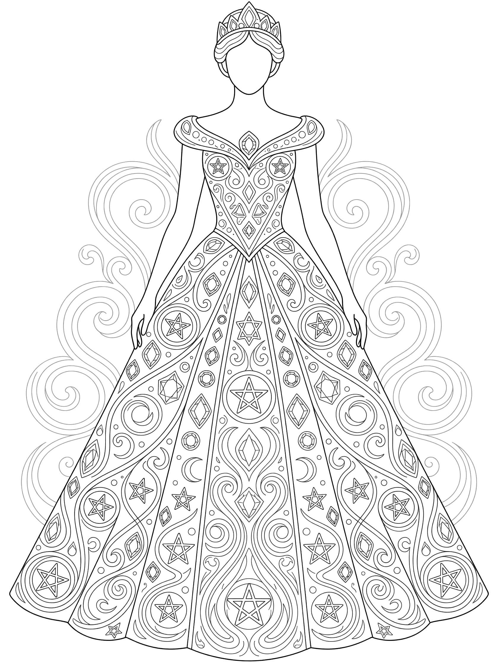 Black and white line art coloring page of a princess facing forward in a long gown decorated with symmetrical stars, moons, swirls and jewels on the bodice and skirt.