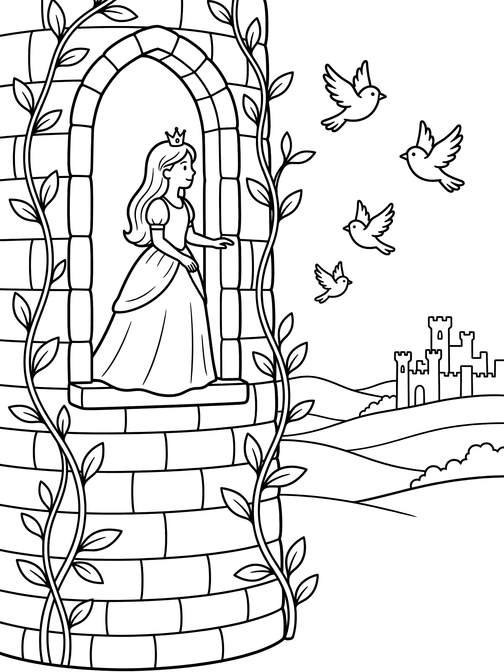Black and white line art coloring page showing a princess with long hair and crown at a tower window, birds flying around, vines on stone walls, hills and castles in background.