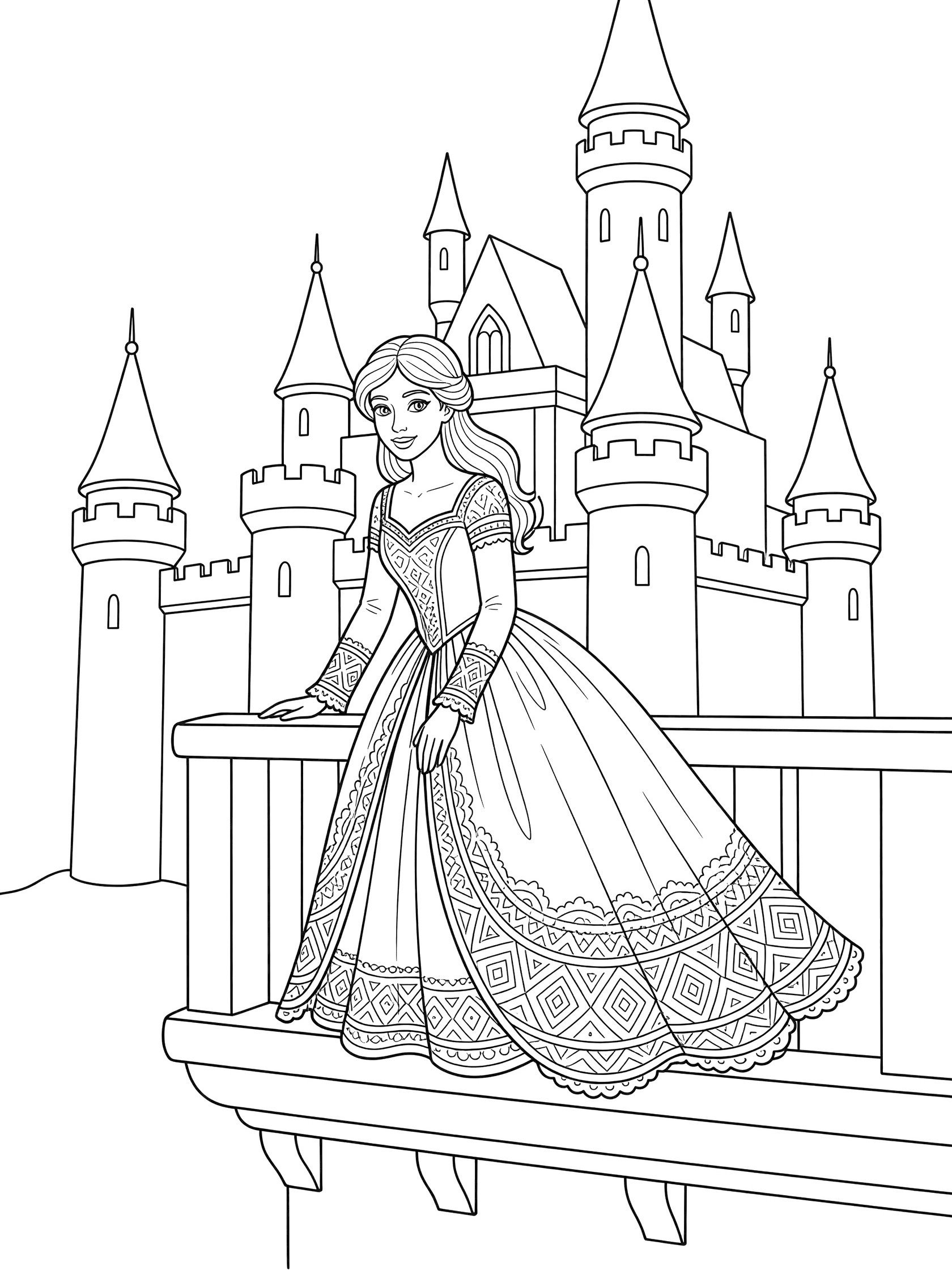 Black and white line art of a princess leaning on a castle balcony railing with her gown and long hair, tall castle turrets in the background.