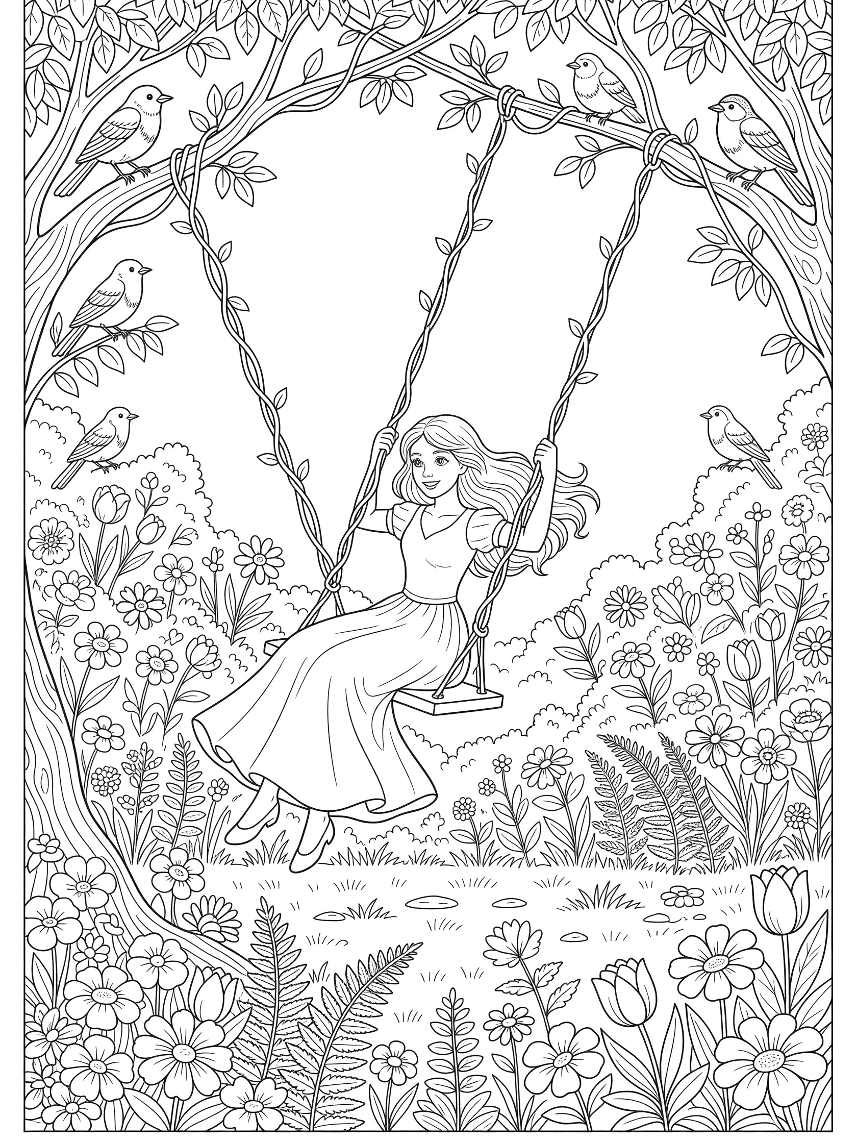 Black and white line art coloring page showing a princess in a long dress swinging high on ropes between trees, surrounded by garden flowers, ferns, tulips, and birds perched on branches.