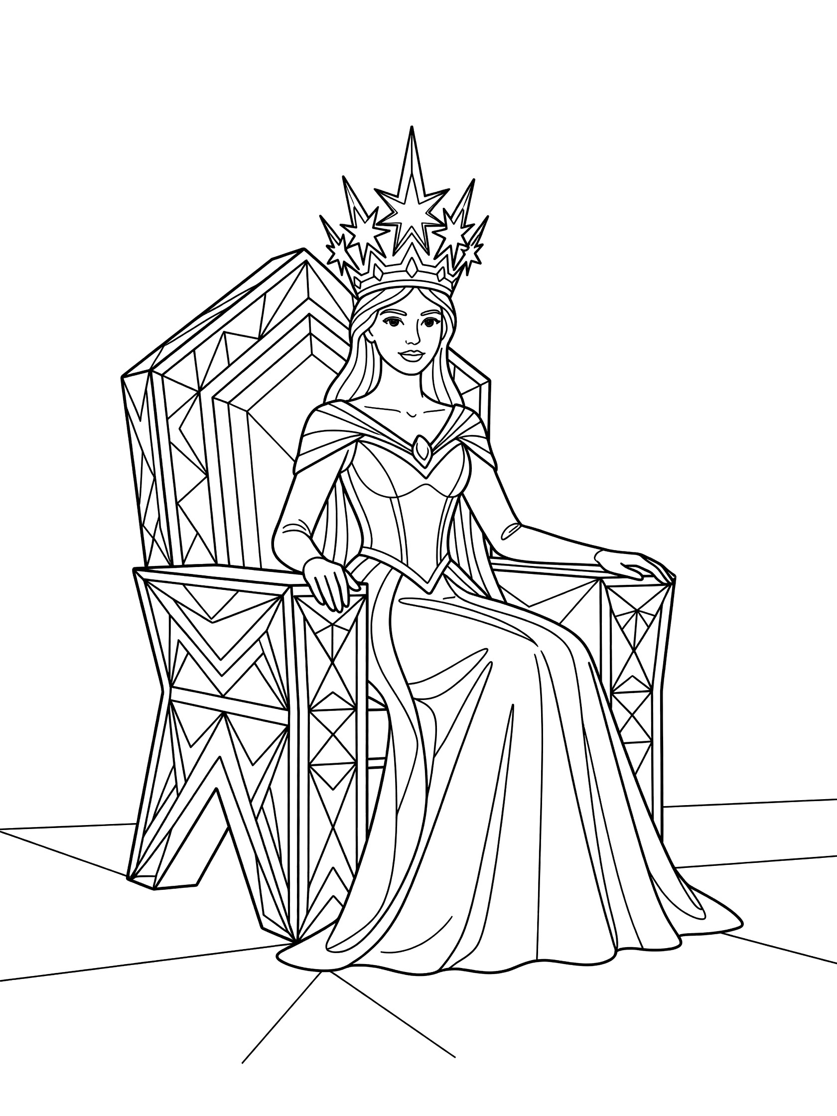 Black and white coloring page of a princess with long hair and pointed starry crown sitting on an angular geometric throne wearing a flowing gown.
