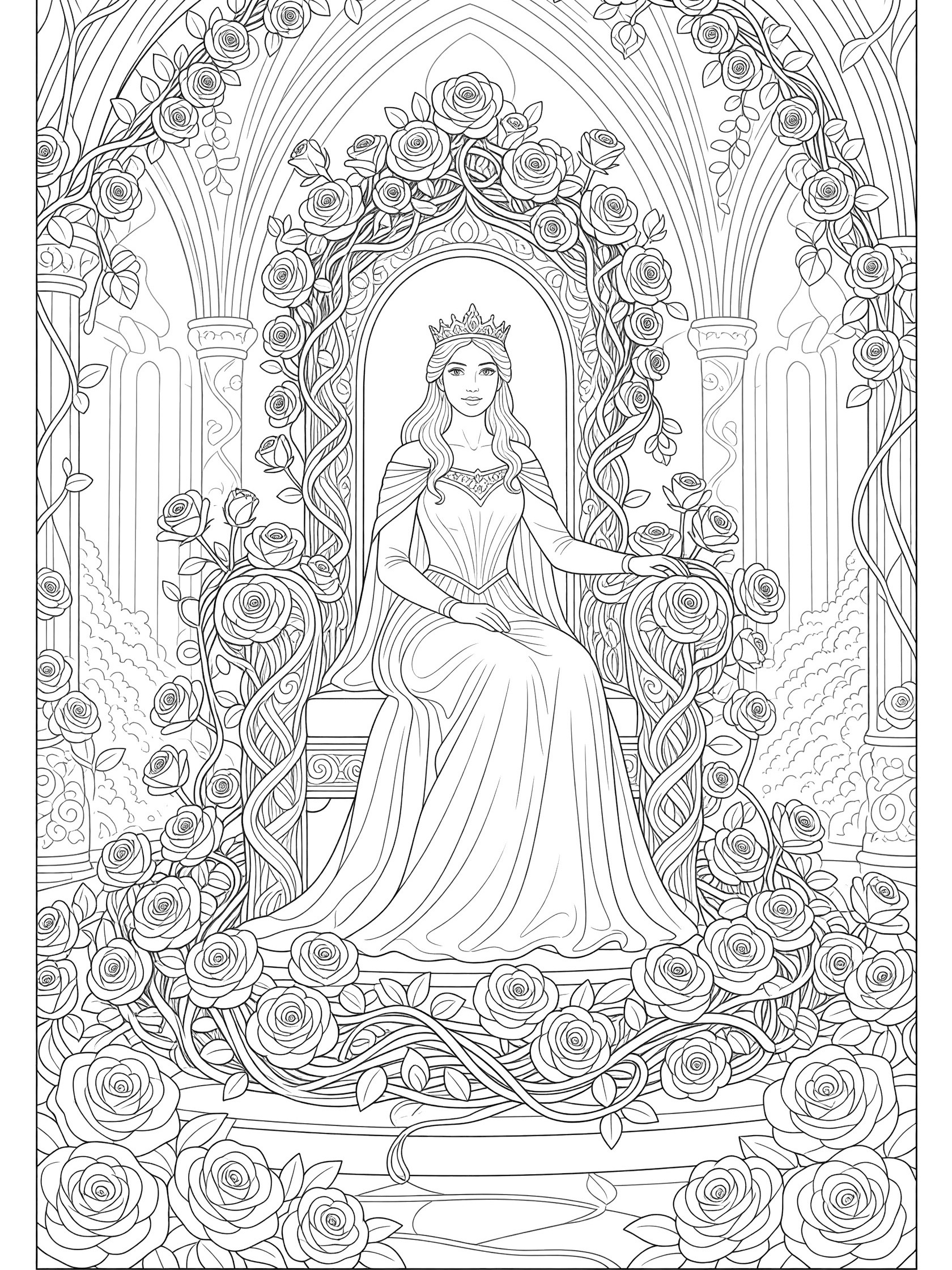 Black and white line art of a princess in a flowing gown and crown, seated on an ornate throne of twisted rose vines and large roses, surrounded by rose garlands in an arched hall.