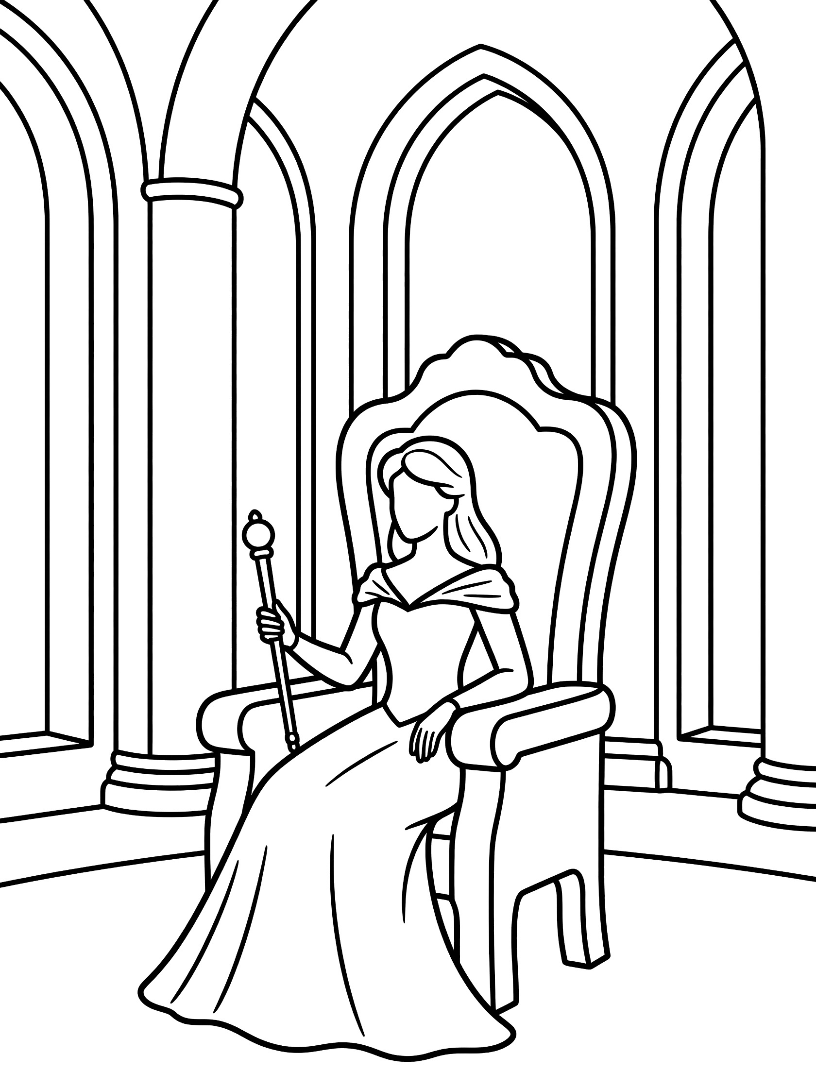 Black and white line art coloring page showing a princess in a long gown holding a scepter while seated on a fancy throne surrounded by tall pillars and arched windows in a palace.