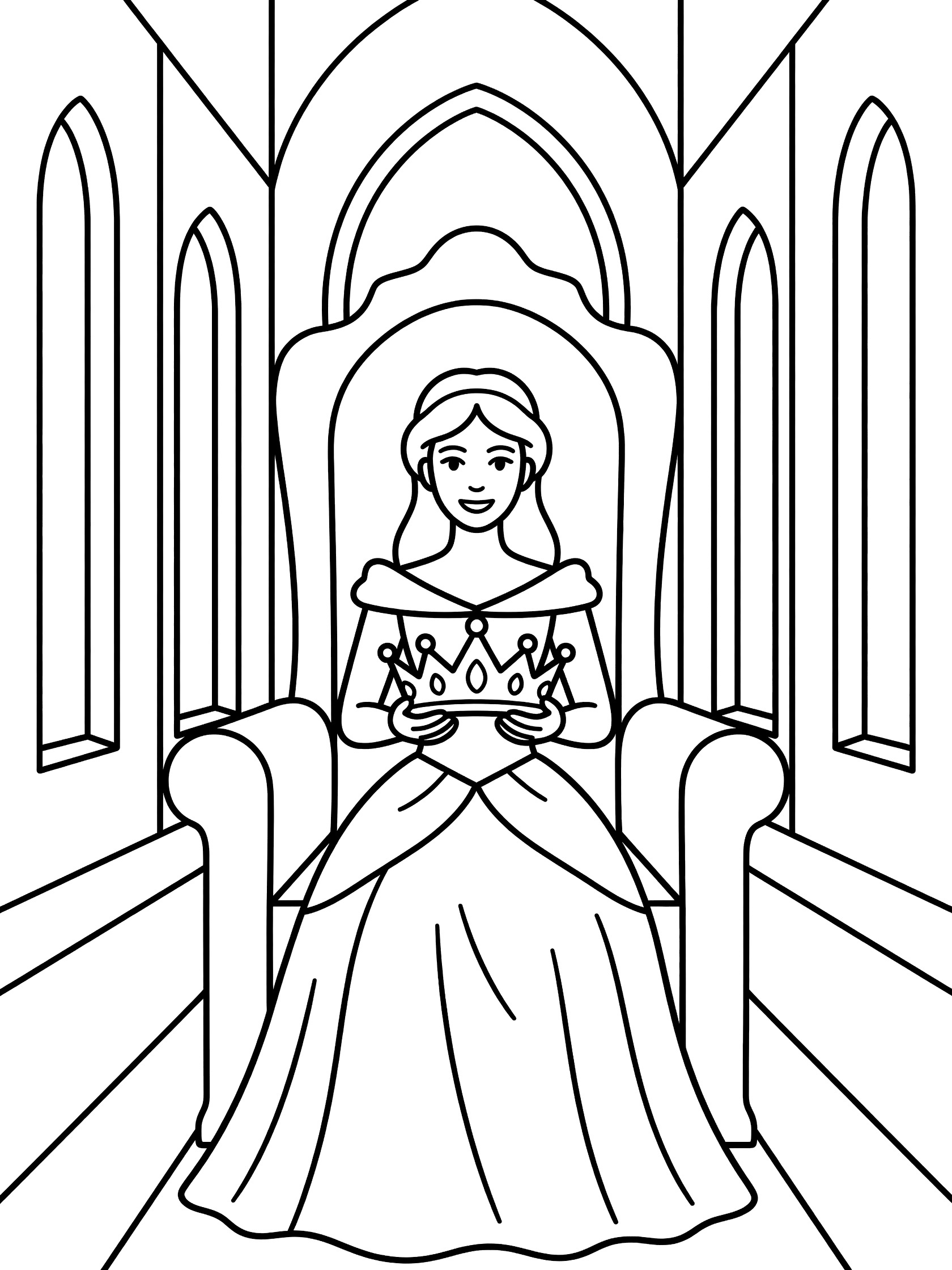 Black and white line art coloring page showing a princess in a gown sitting on a throne holding a crown inside a castle hall with arched windows and carpet.