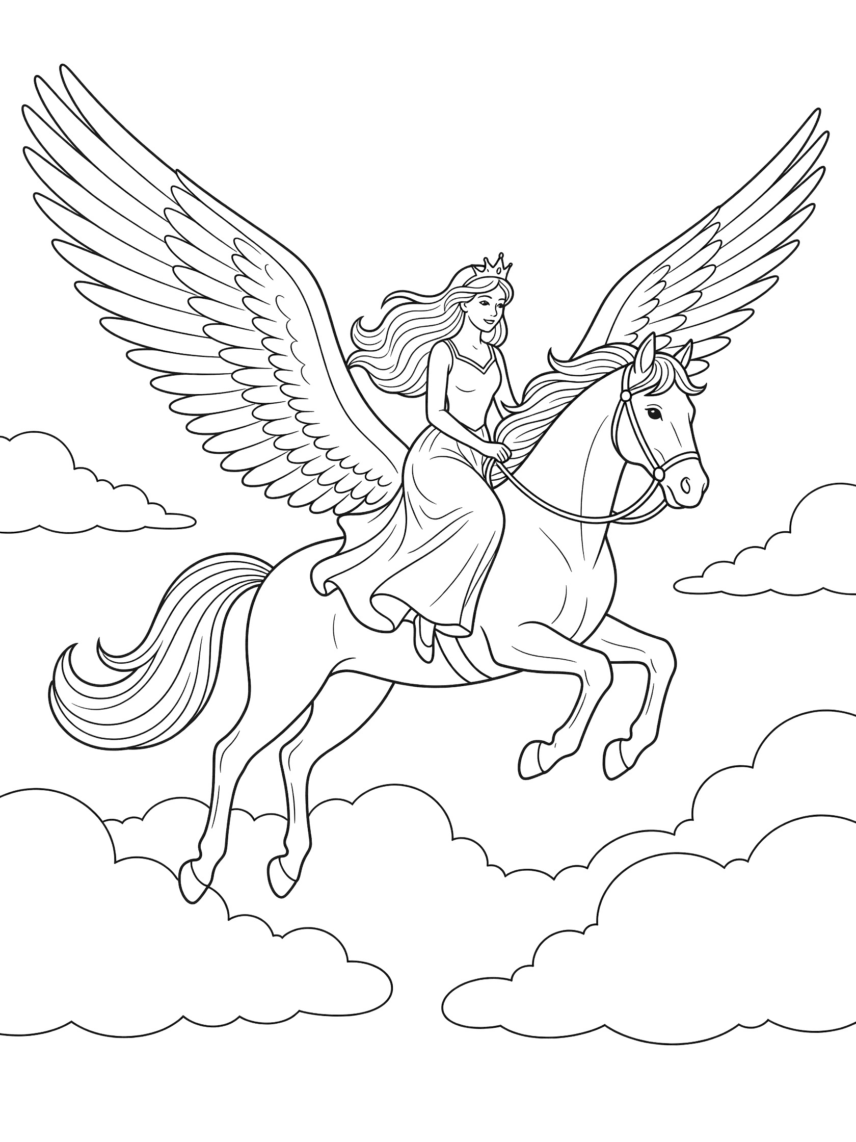 Black and white line art of a princess with crown and long dress riding sidesaddle on a pegasus with large wings, flowing mane and tail, flying above fluffy clouds.