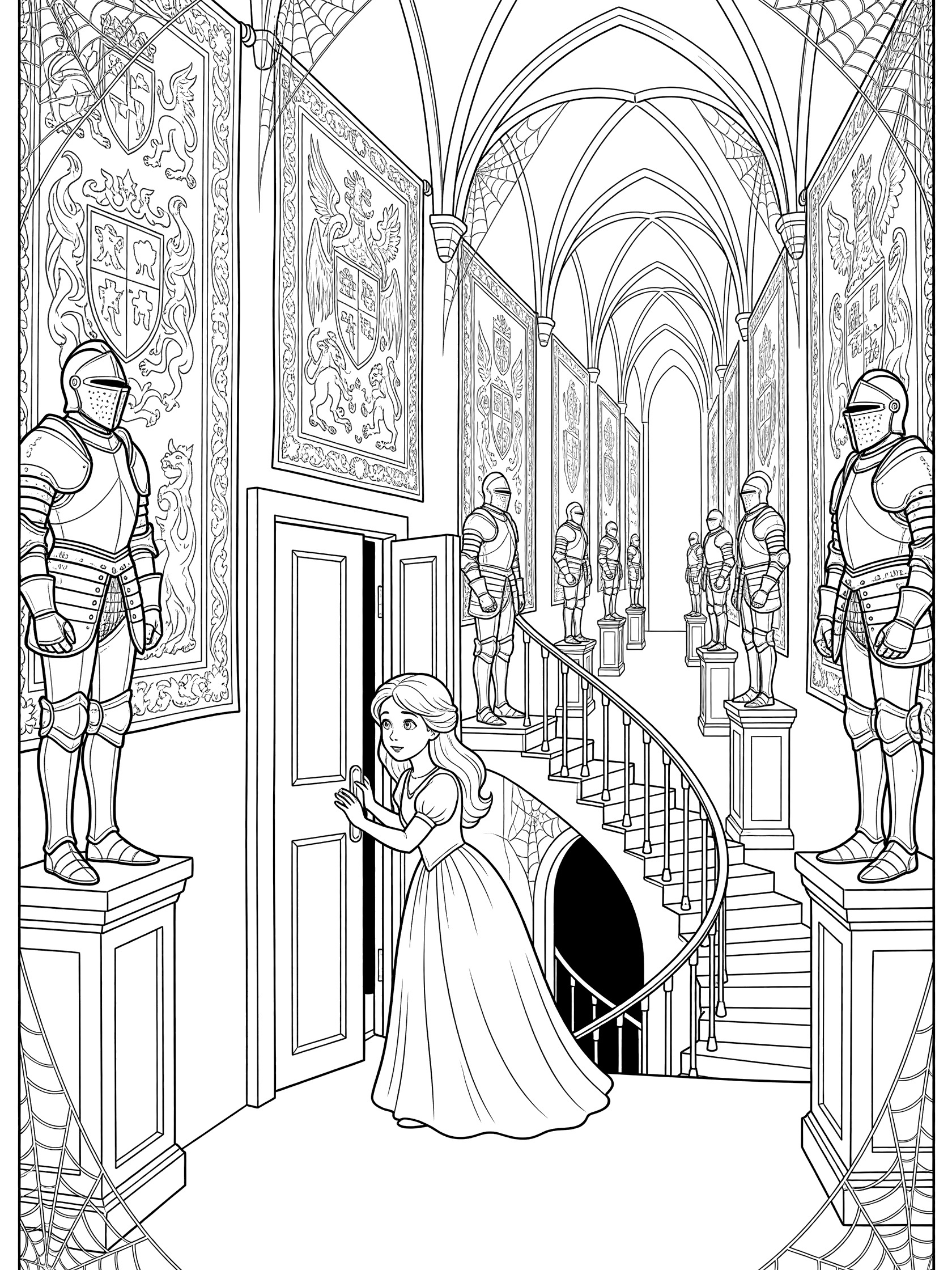 Black and white line art coloring page showing a princess in a long gown peeking through an open door at a dark spiral staircase, surrounded by suits of armor knights in a palace corridor with tapestries and cobwebs.