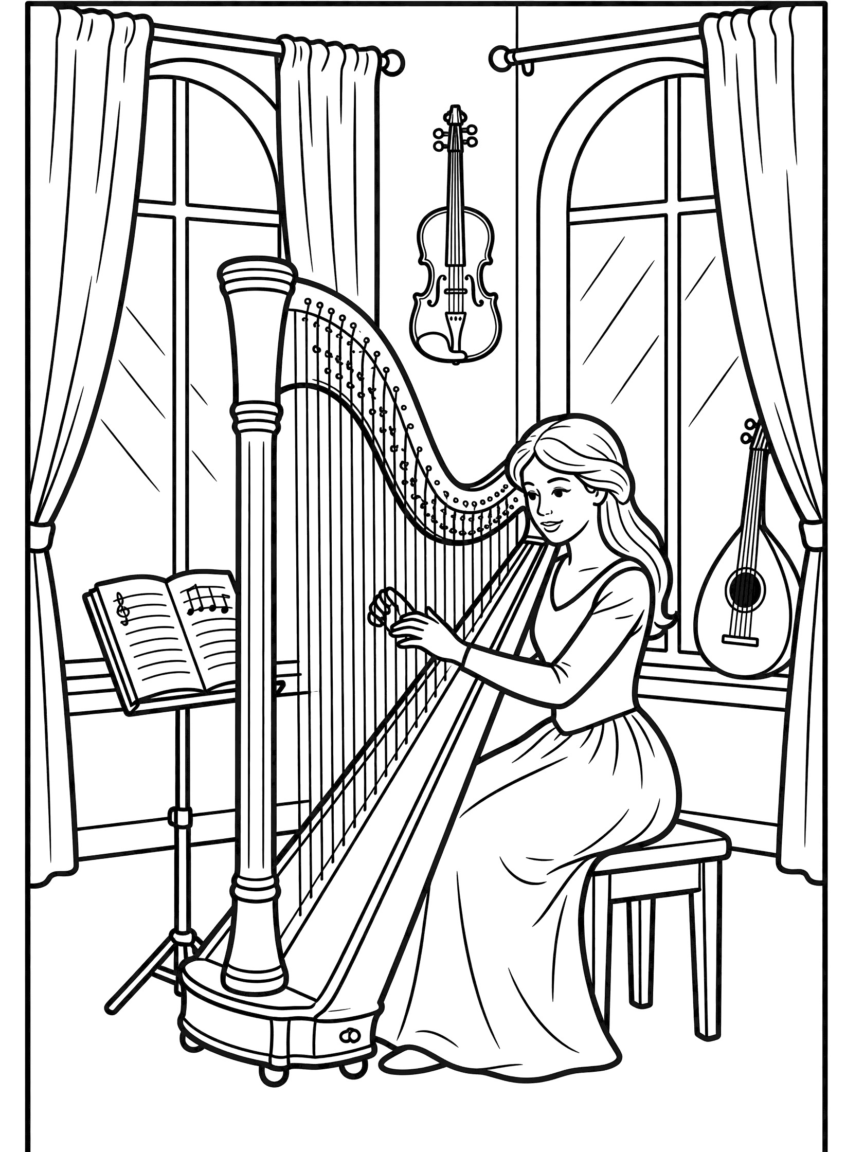 Black and white line art coloring page showing a princess seated playing a tall harp next to sheet music stand in a room with curtains, violin, and lute.